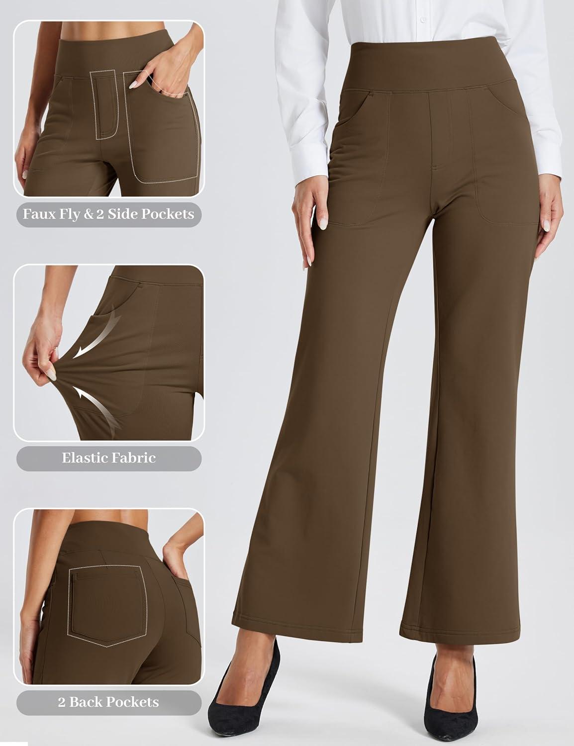 imageMAGCOMSEN Womens Fleece Lined Pants Waterproof High Waist Wide Leg Yoga Work Pants Warm Winter Sweatpants with PocketsDark Brown