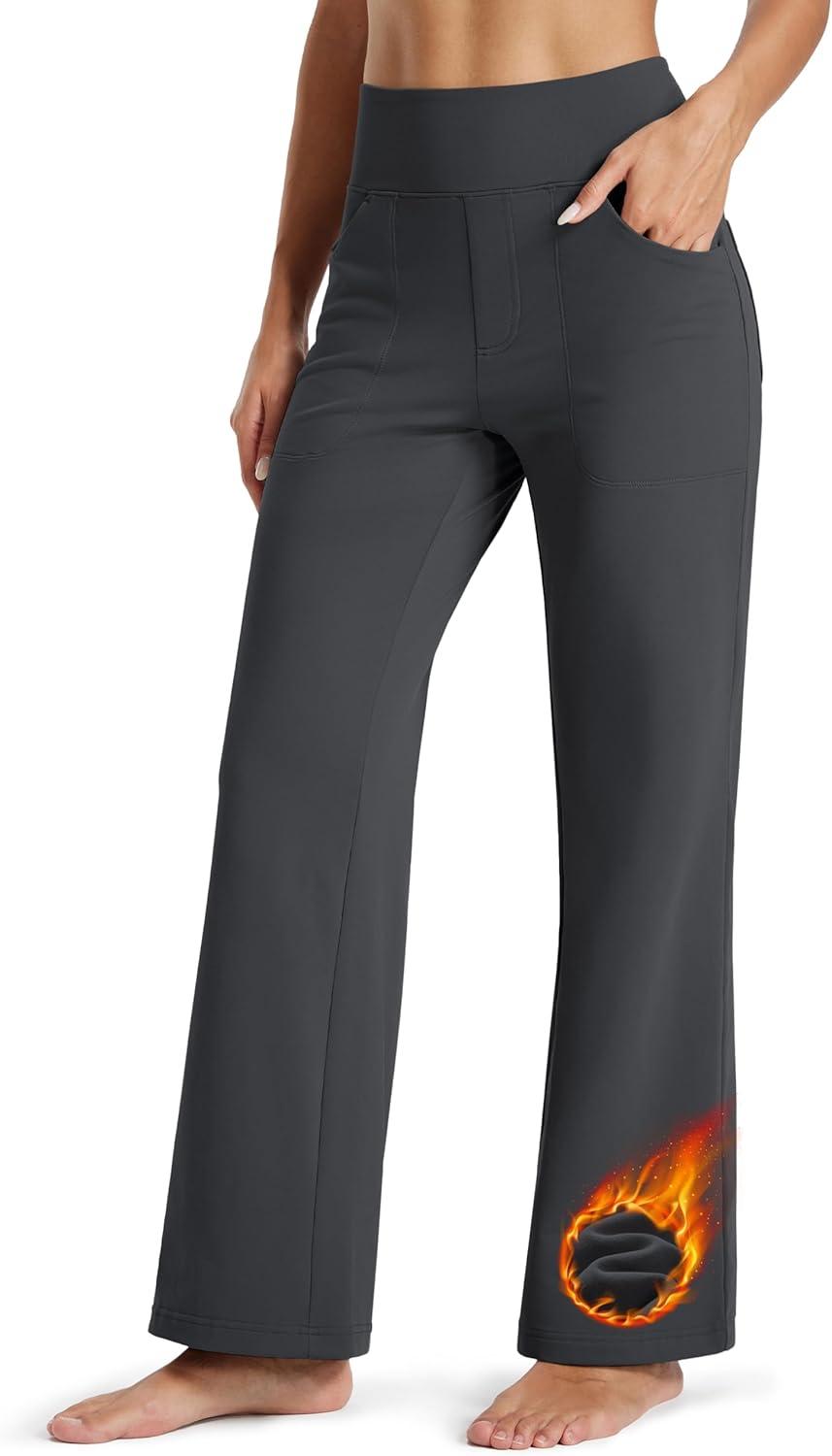 imageMAGCOMSEN Womens Fleece Lined Pants Waterproof High Waist Wide Leg Yoga Work Pants Warm Winter Sweatpants with PocketsDark Grey