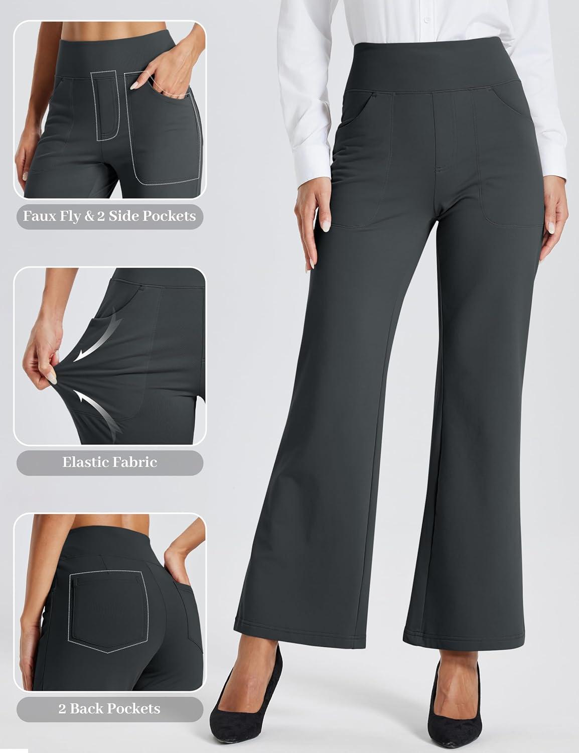 imageMAGCOMSEN Womens Fleece Lined Pants Waterproof High Waist Wide Leg Yoga Work Pants Warm Winter Sweatpants with PocketsDark Grey
