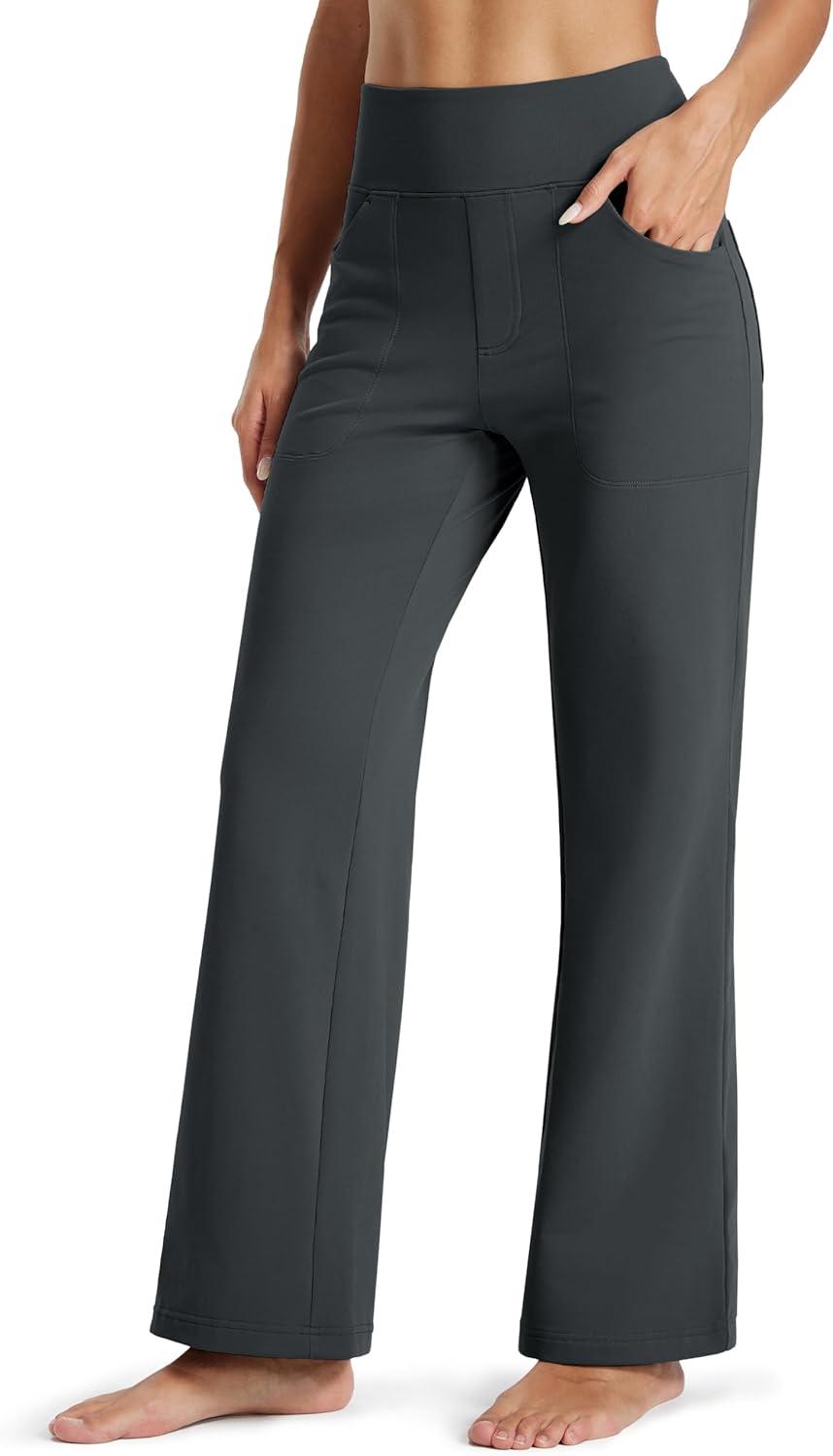 imageMAGCOMSEN Womens Fleece Lined Pants Waterproof High Waist Wide Leg Yoga Work Pants Warm Winter Sweatpants with PocketsDark Grey