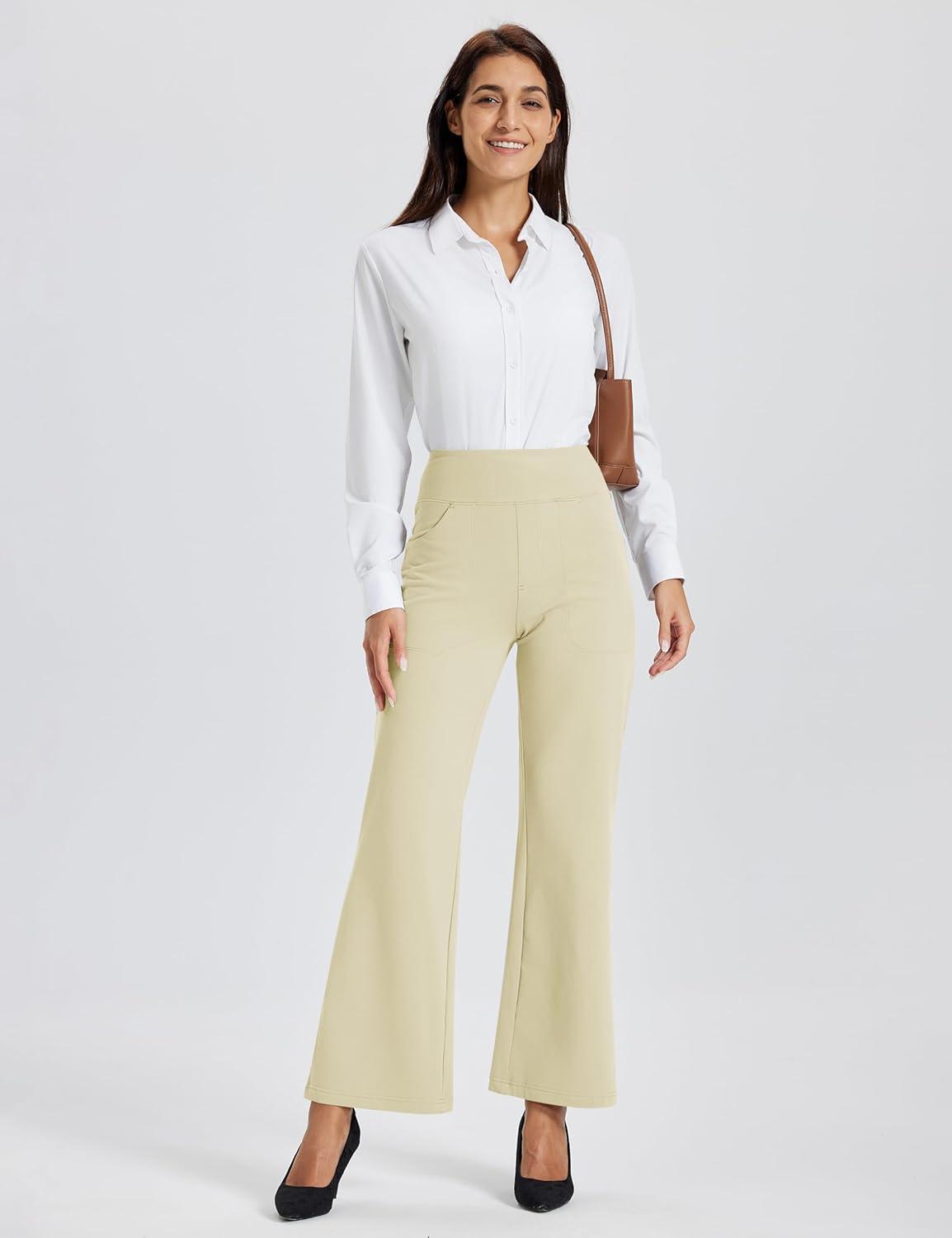 imageMAGCOMSEN Womens Fleece Lined Pants Waterproof High Waist Wide Leg Yoga Work Pants Warm Winter Sweatpants with PocketsLight Apricot