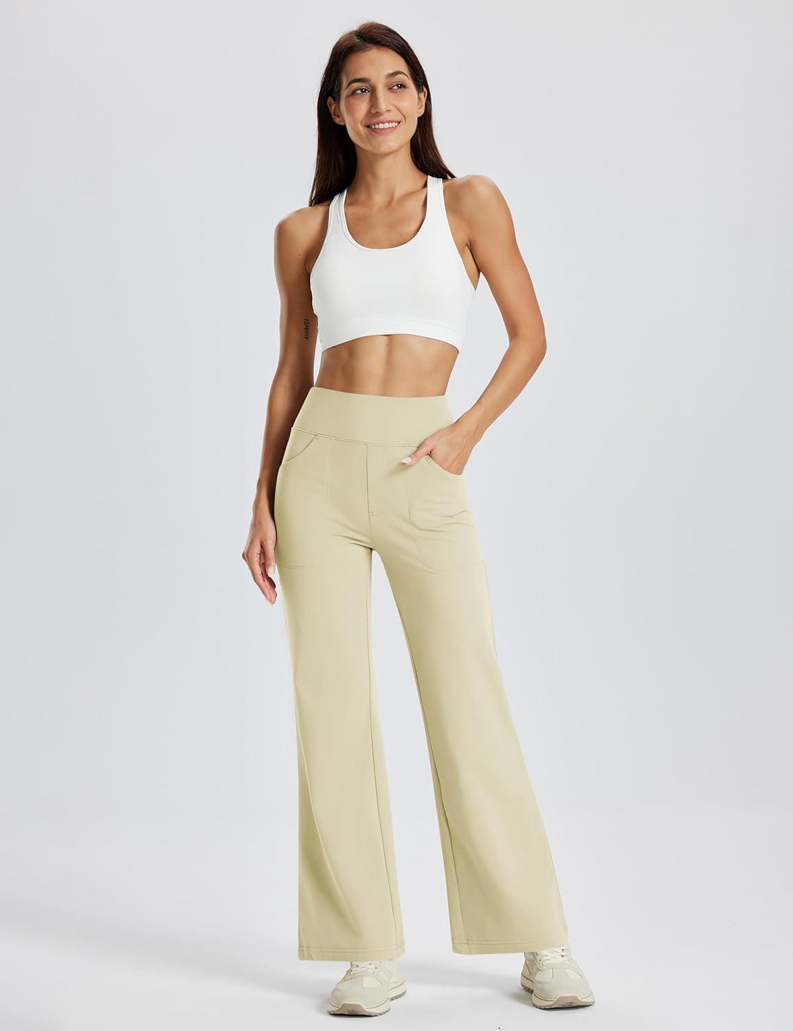 imageMAGCOMSEN Womens Fleece Lined Pants Waterproof High Waist Wide Leg Yoga Work Pants Warm Winter Sweatpants with PocketsLight Apricot