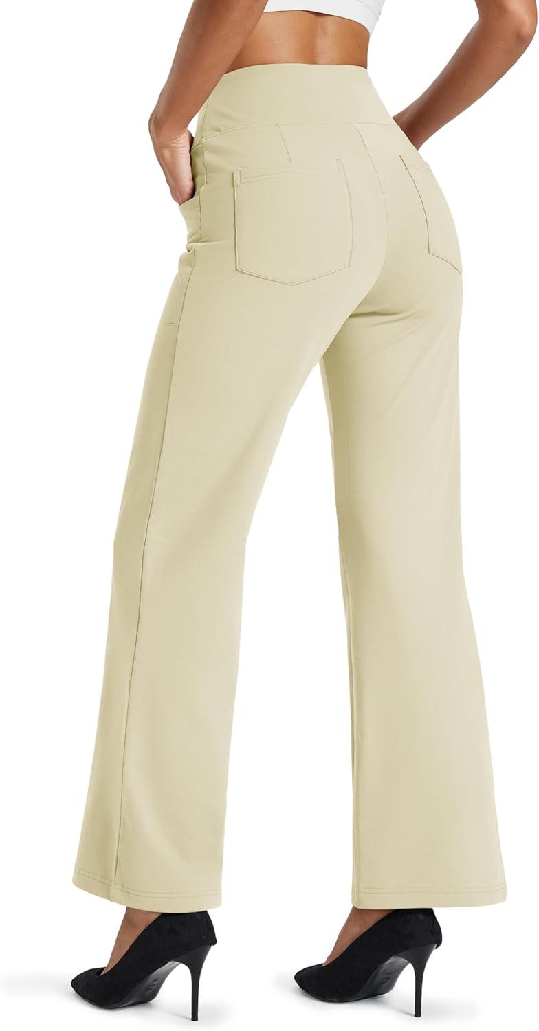 imageMAGCOMSEN Womens Fleece Lined Pants Waterproof High Waist Wide Leg Yoga Work Pants Warm Winter Sweatpants with PocketsLight Apricot