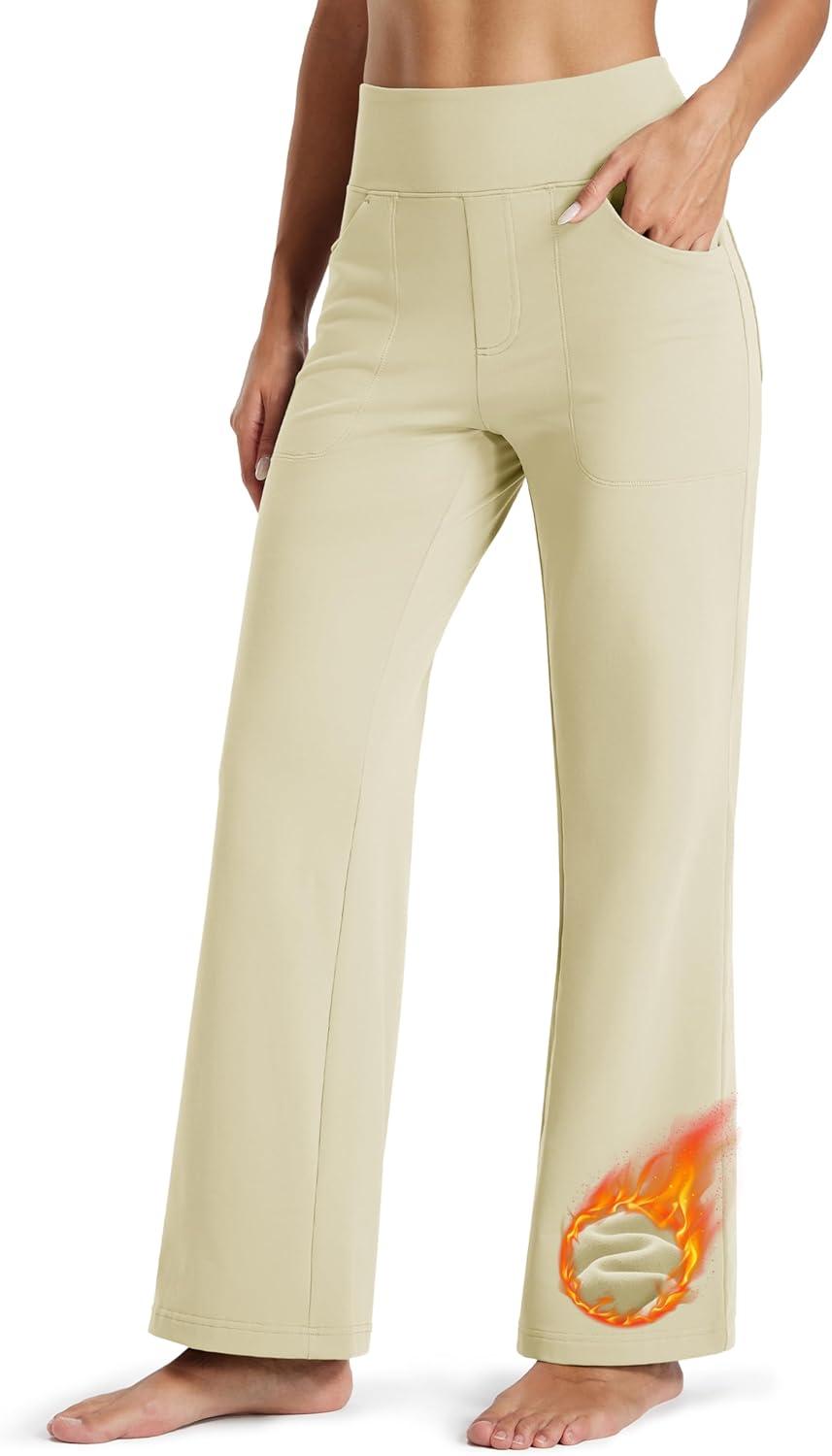 imageMAGCOMSEN Womens Fleece Lined Pants Waterproof High Waist Wide Leg Yoga Work Pants Warm Winter Sweatpants with PocketsLight Apricot