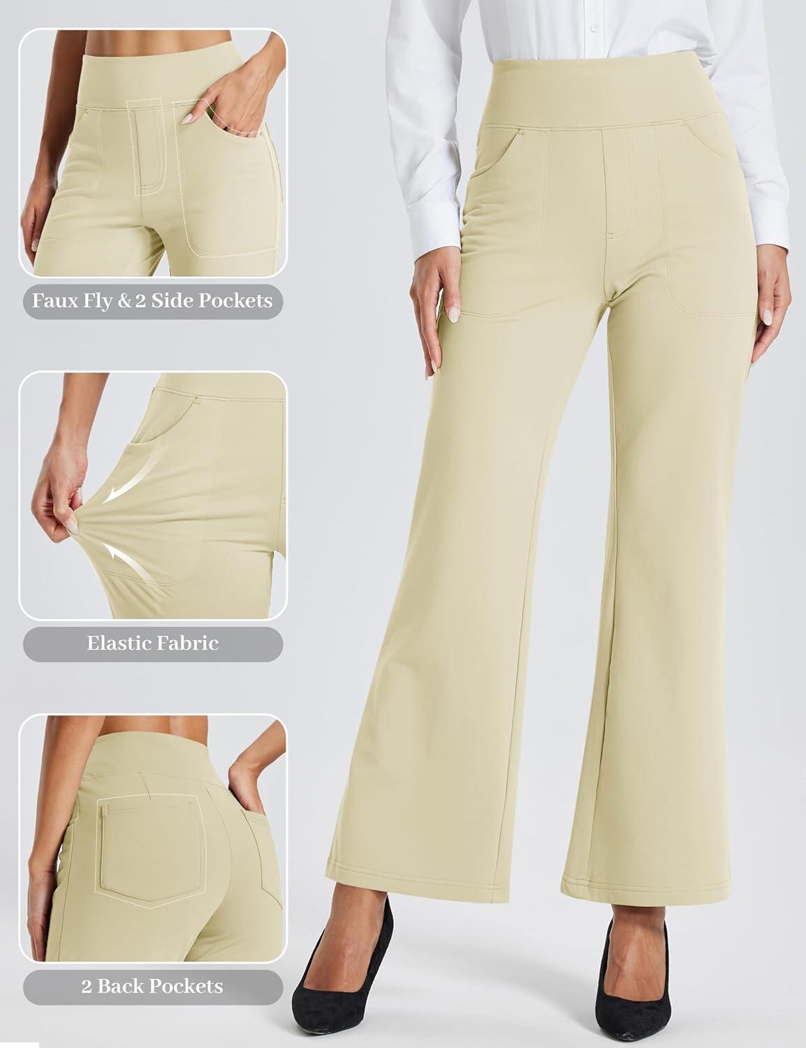 imageMAGCOMSEN Womens Fleece Lined Pants Waterproof High Waist Wide Leg Yoga Work Pants Warm Winter Sweatpants with PocketsLight Apricot