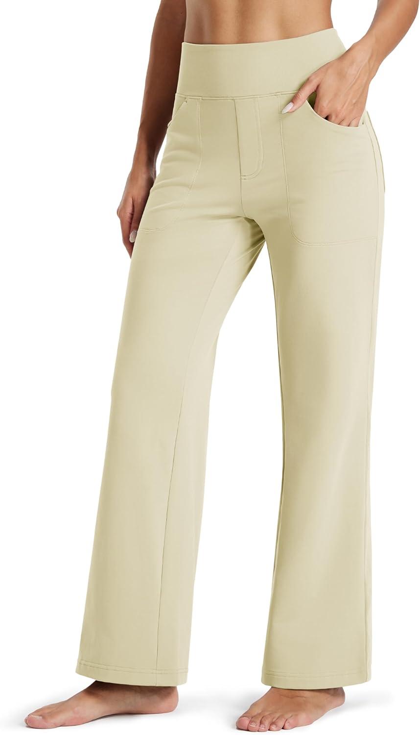 imageMAGCOMSEN Womens Fleece Lined Pants Waterproof High Waist Wide Leg Yoga Work Pants Warm Winter Sweatpants with PocketsLight Apricot