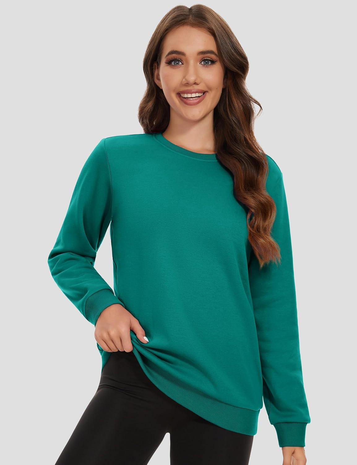 imageMAGCOMSEN Womens Fleece Lined Sweatshirt Crewneck Cotton Pullover Fall Winter Casual Long Sleeve Warm Soft TopsEmerald Green