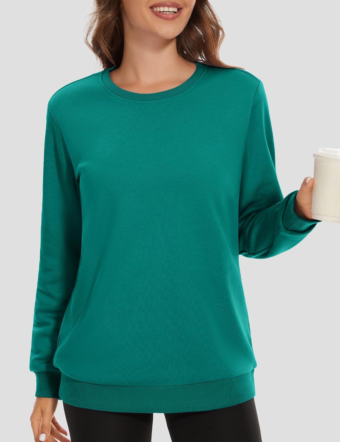 imageMAGCOMSEN Womens Fleece Lined Sweatshirt Crewneck Cotton Pullover Fall Winter Casual Long Sleeve Warm Soft TopsEmerald Green