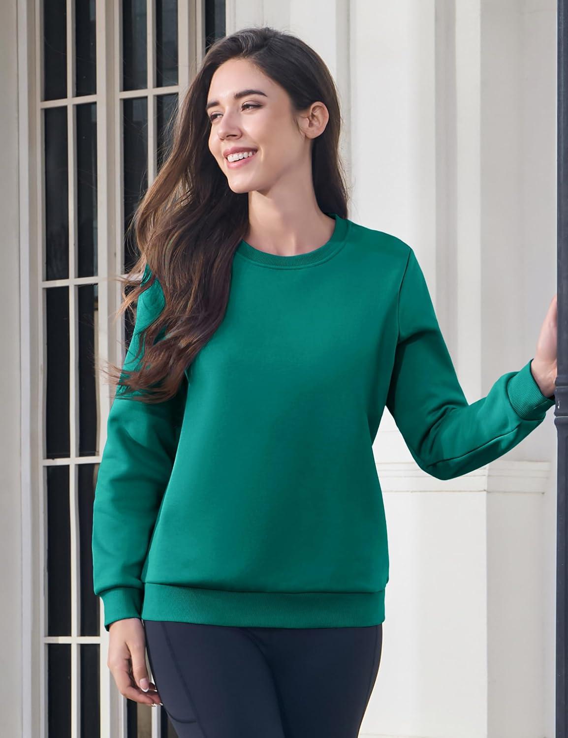 imageMAGCOMSEN Womens Fleece Lined Sweatshirt Crewneck Cotton Pullover Fall Winter Casual Long Sleeve Warm Soft TopsEmerald Green