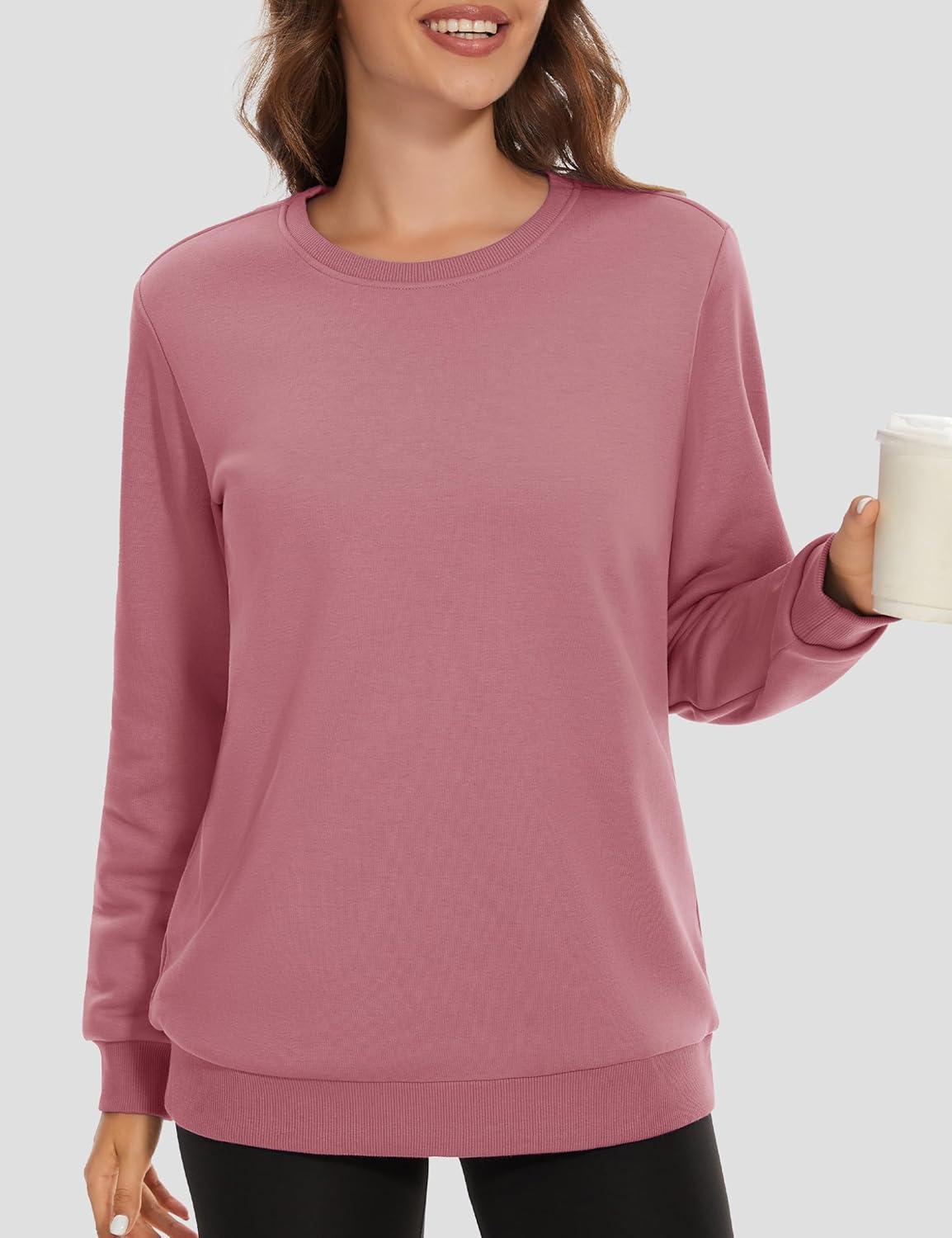 imageMAGCOMSEN Womens Fleece Lined Sweatshirt Crewneck Cotton Pullover Fall Winter Casual Long Sleeve Warm Soft TopsGrey Pink