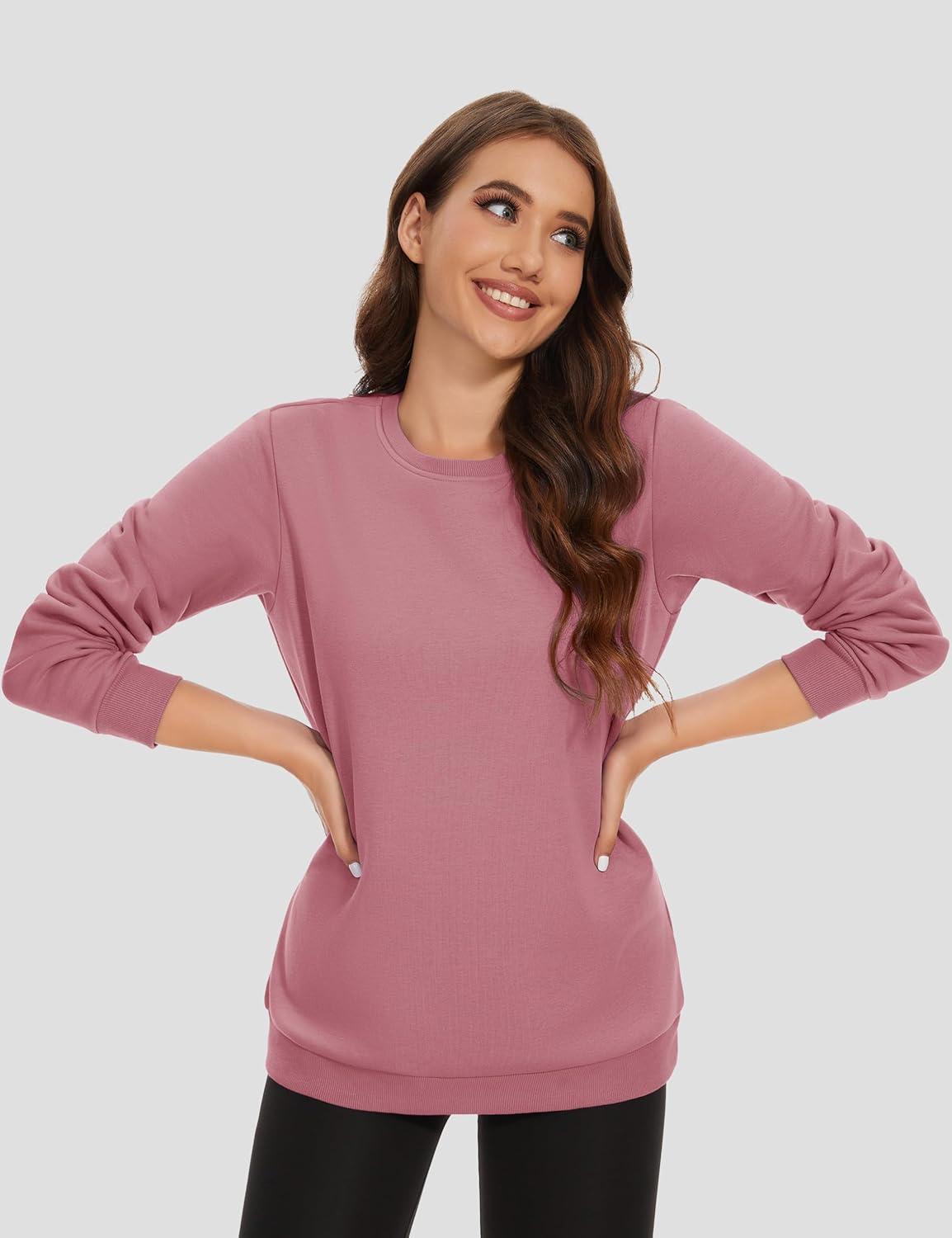 imageMAGCOMSEN Womens Fleece Lined Sweatshirt Crewneck Cotton Pullover Fall Winter Casual Long Sleeve Warm Soft TopsGrey Pink
