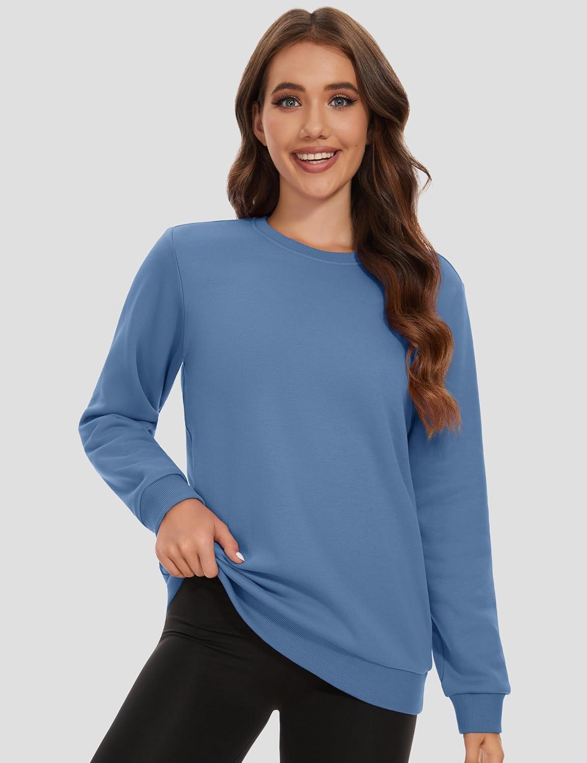 imageMAGCOMSEN Womens Fleece Lined Sweatshirt Crewneck Cotton Pullover Fall Winter Casual Long Sleeve Warm Soft TopsHaze Blue