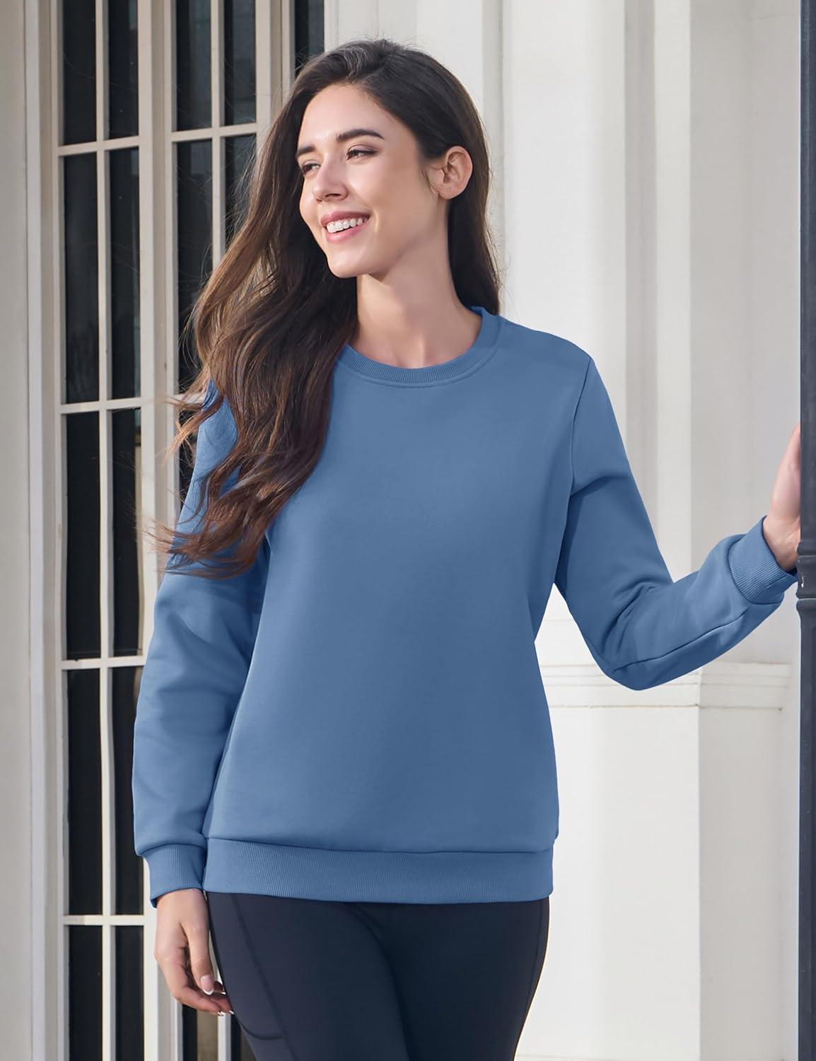 imageMAGCOMSEN Womens Fleece Lined Sweatshirt Crewneck Cotton Pullover Fall Winter Casual Long Sleeve Warm Soft TopsHaze Blue