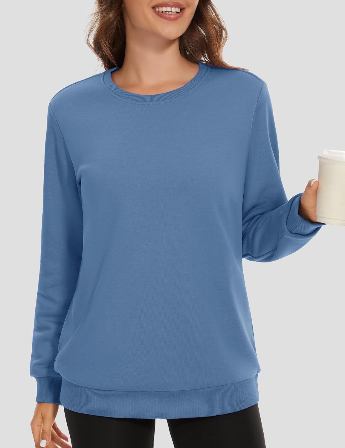 imageMAGCOMSEN Womens Fleece Lined Sweatshirt Crewneck Cotton Pullover Fall Winter Casual Long Sleeve Warm Soft TopsHaze Blue