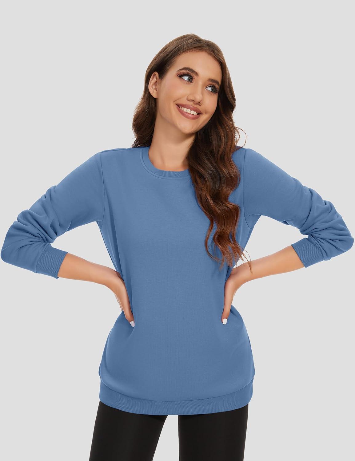 imageMAGCOMSEN Womens Fleece Lined Sweatshirt Crewneck Cotton Pullover Fall Winter Casual Long Sleeve Warm Soft TopsHaze Blue