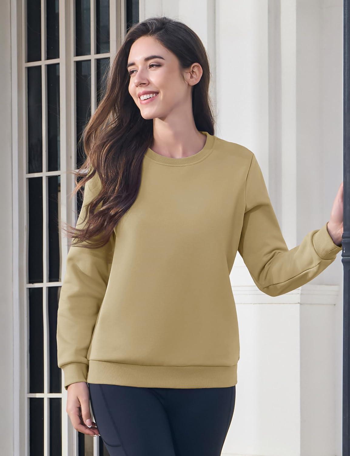 imageMAGCOMSEN Womens Fleece Lined Sweatshirt Crewneck Cotton Pullover Fall Winter Casual Long Sleeve Warm Soft TopsKhaki