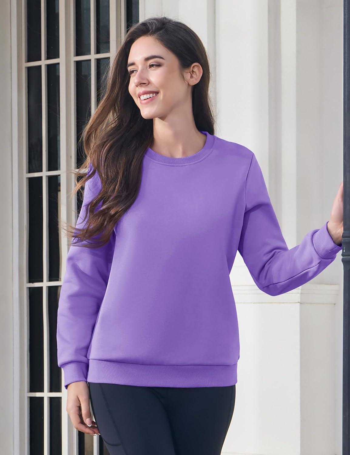 imageMAGCOMSEN Womens Fleece Lined Sweatshirt Crewneck Cotton Pullover Fall Winter Casual Long Sleeve Warm Soft TopsLight Purple