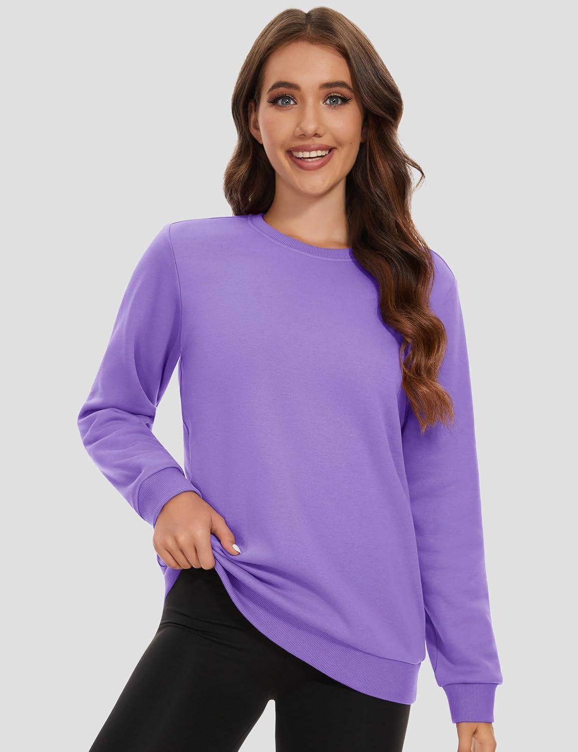 imageMAGCOMSEN Womens Fleece Lined Sweatshirt Crewneck Cotton Pullover Fall Winter Casual Long Sleeve Warm Soft TopsLight Purple