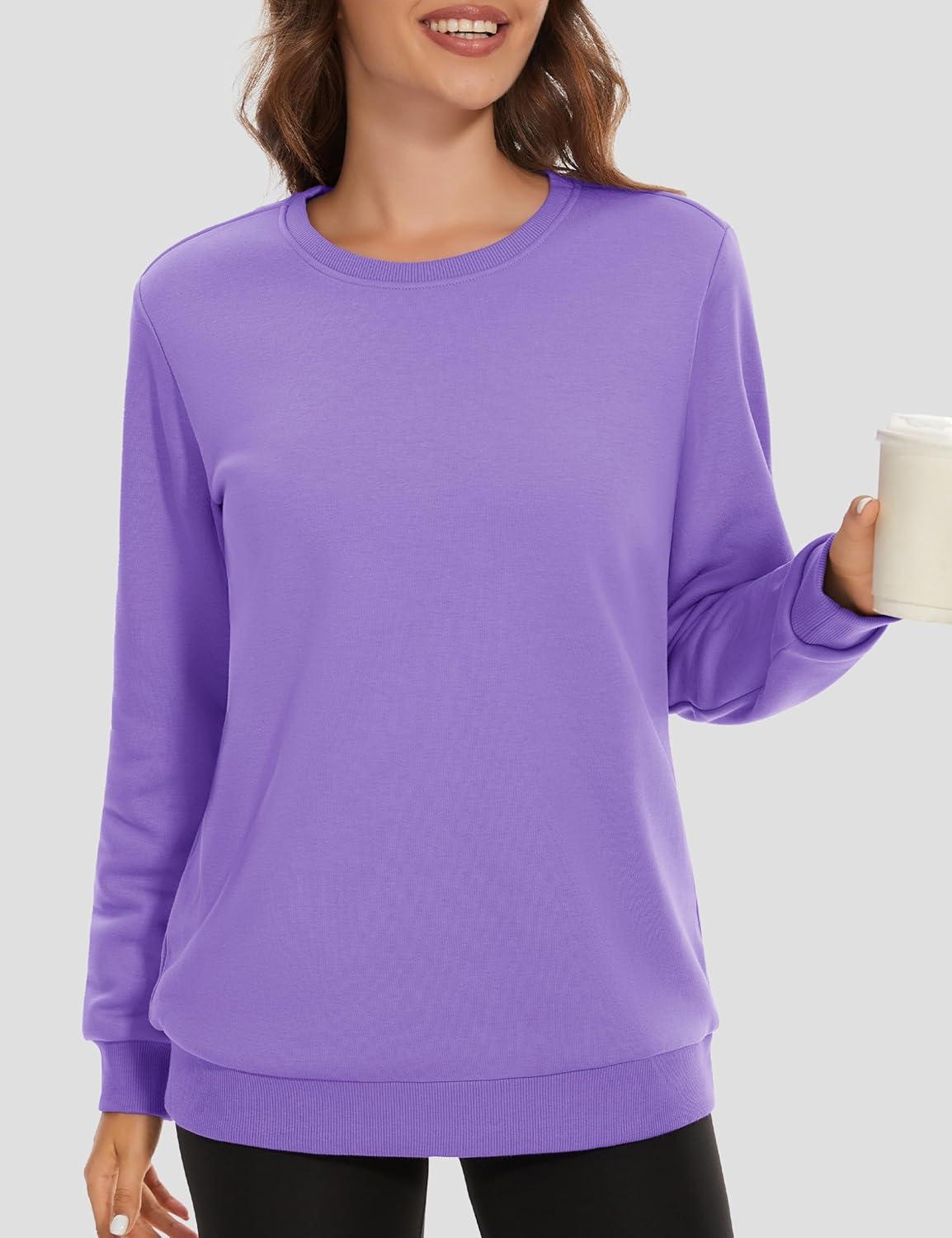 imageMAGCOMSEN Womens Fleece Lined Sweatshirt Crewneck Cotton Pullover Fall Winter Casual Long Sleeve Warm Soft TopsLight Purple