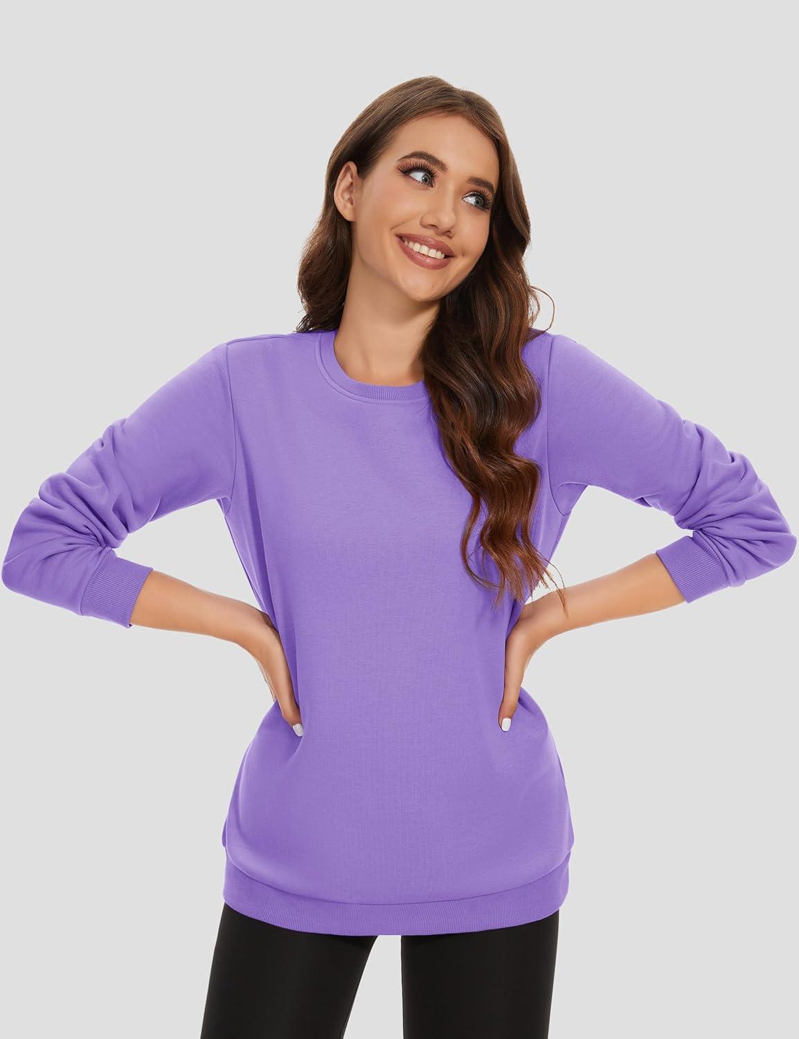 imageMAGCOMSEN Womens Fleece Lined Sweatshirt Crewneck Cotton Pullover Fall Winter Casual Long Sleeve Warm Soft TopsLight Purple