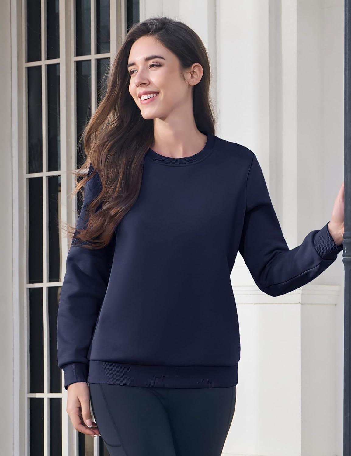 imageMAGCOMSEN Womens Fleece Lined Sweatshirt Crewneck Cotton Pullover Fall Winter Casual Long Sleeve Warm Soft TopsNavy