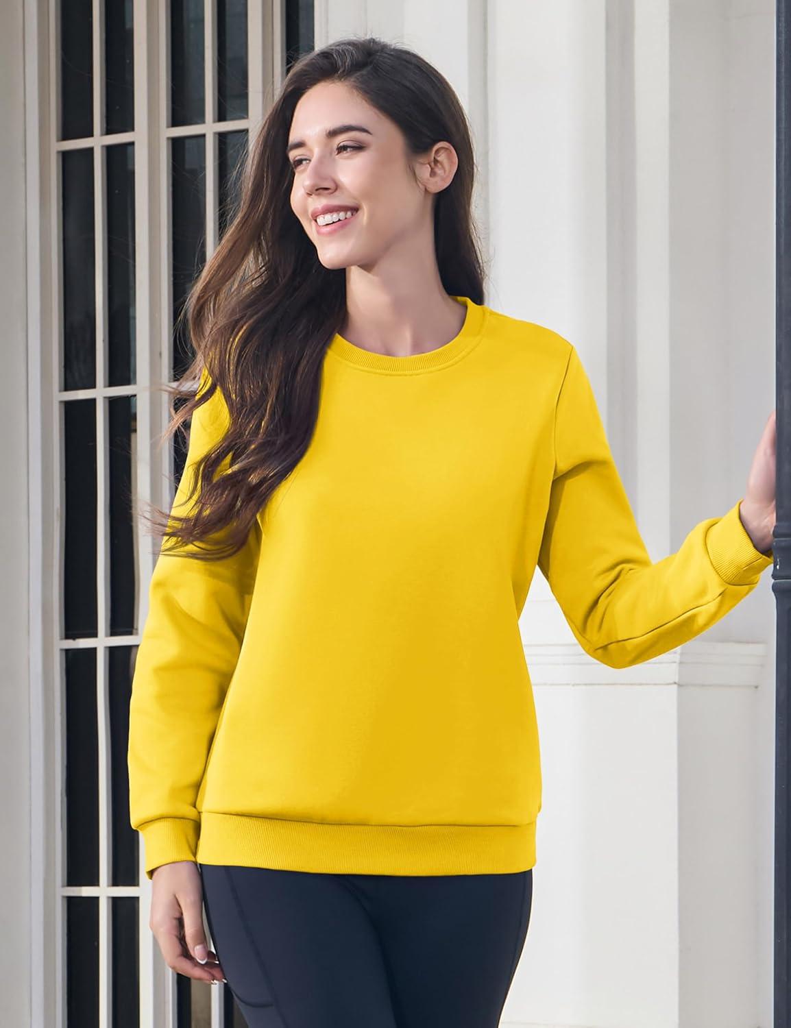 imageMAGCOMSEN Womens Fleece Lined Sweatshirt Crewneck Cotton Pullover Fall Winter Casual Long Sleeve Warm Soft TopsYellow
