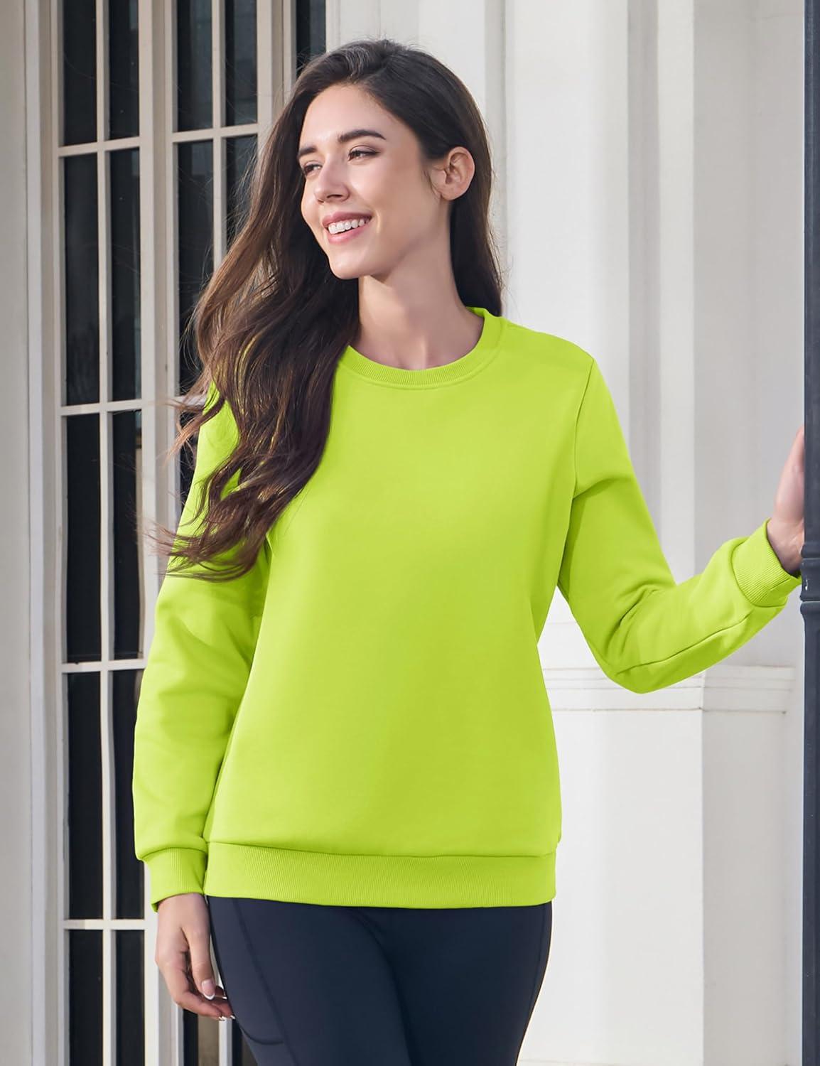 imageMAGCOMSEN Womens Fleece Lined Sweatshirt Crewneck Cotton Pullover Fall Winter Casual Long Sleeve Warm Soft TopsYellow Green