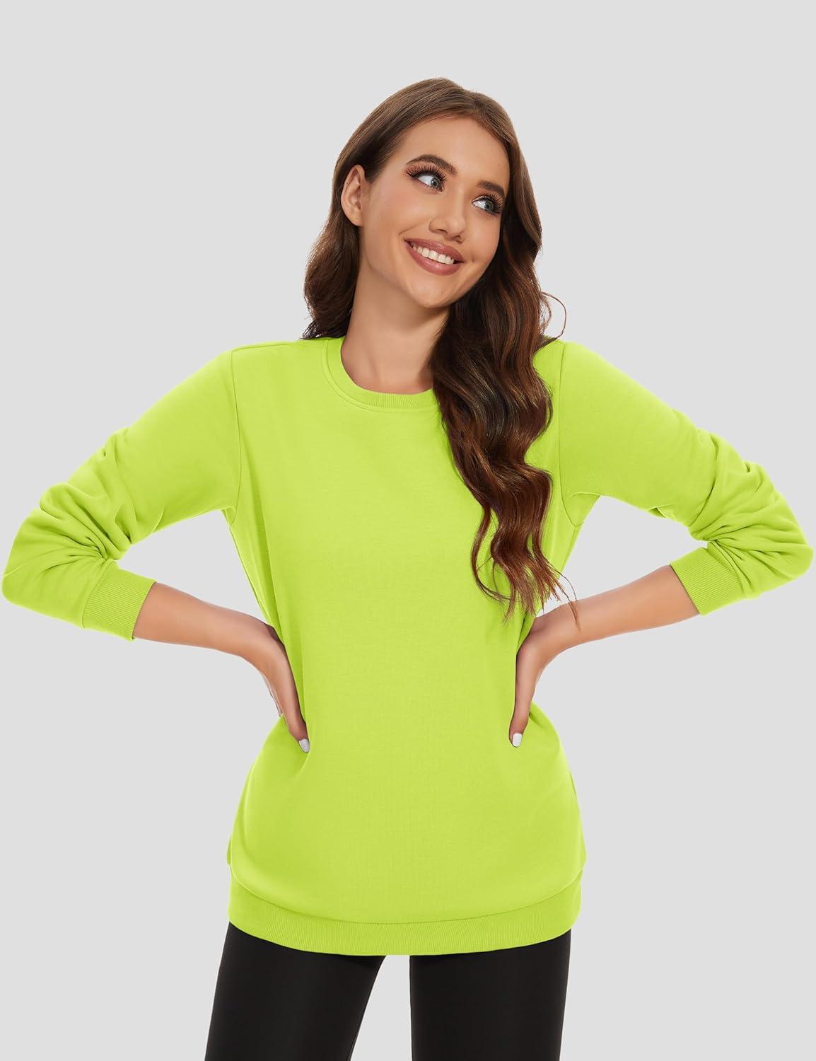 imageMAGCOMSEN Womens Fleece Lined Sweatshirt Crewneck Cotton Pullover Fall Winter Casual Long Sleeve Warm Soft TopsYellow Green