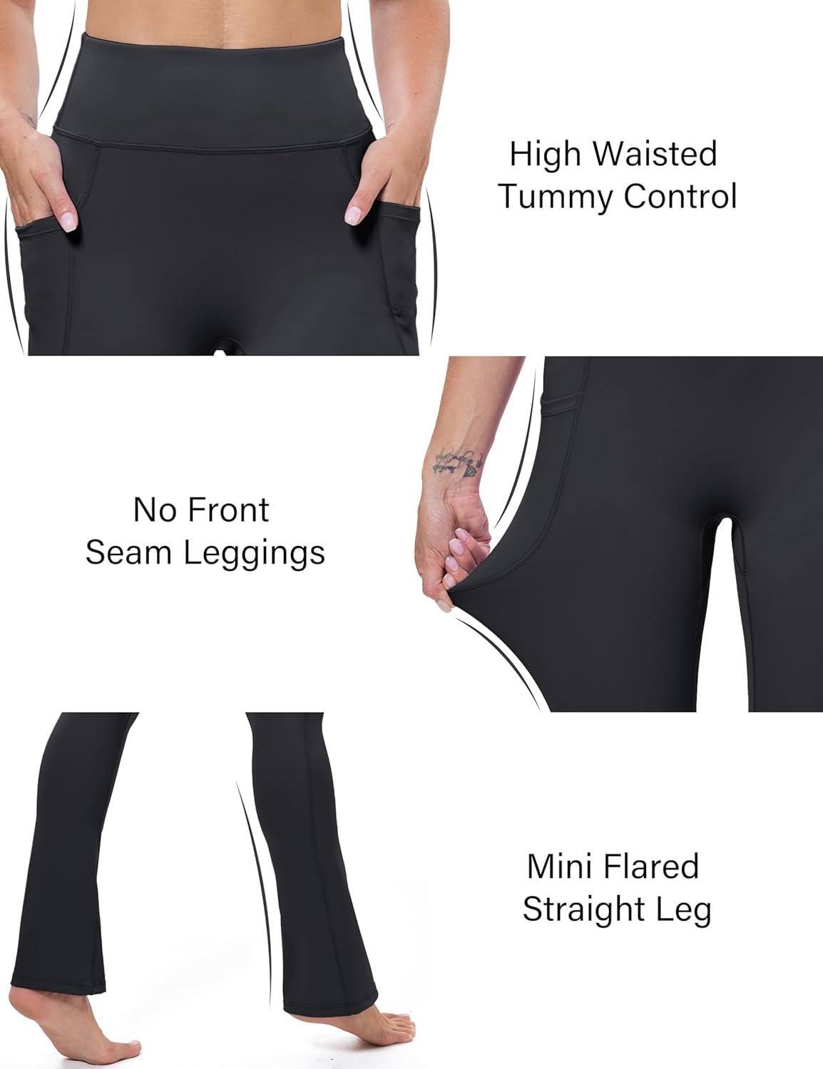 imageMAGCOMSEN Womens High Waisted Flare Leggings Tummy Control Yoga Pants with Pockets Mini Flared Bootcut Workout CasualBlack