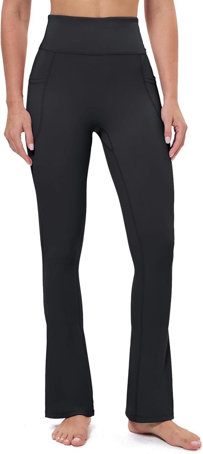 imageMAGCOMSEN Womens High Waisted Flare Leggings Tummy Control Yoga Pants with Pockets Mini Flared Bootcut Workout CasualBlack