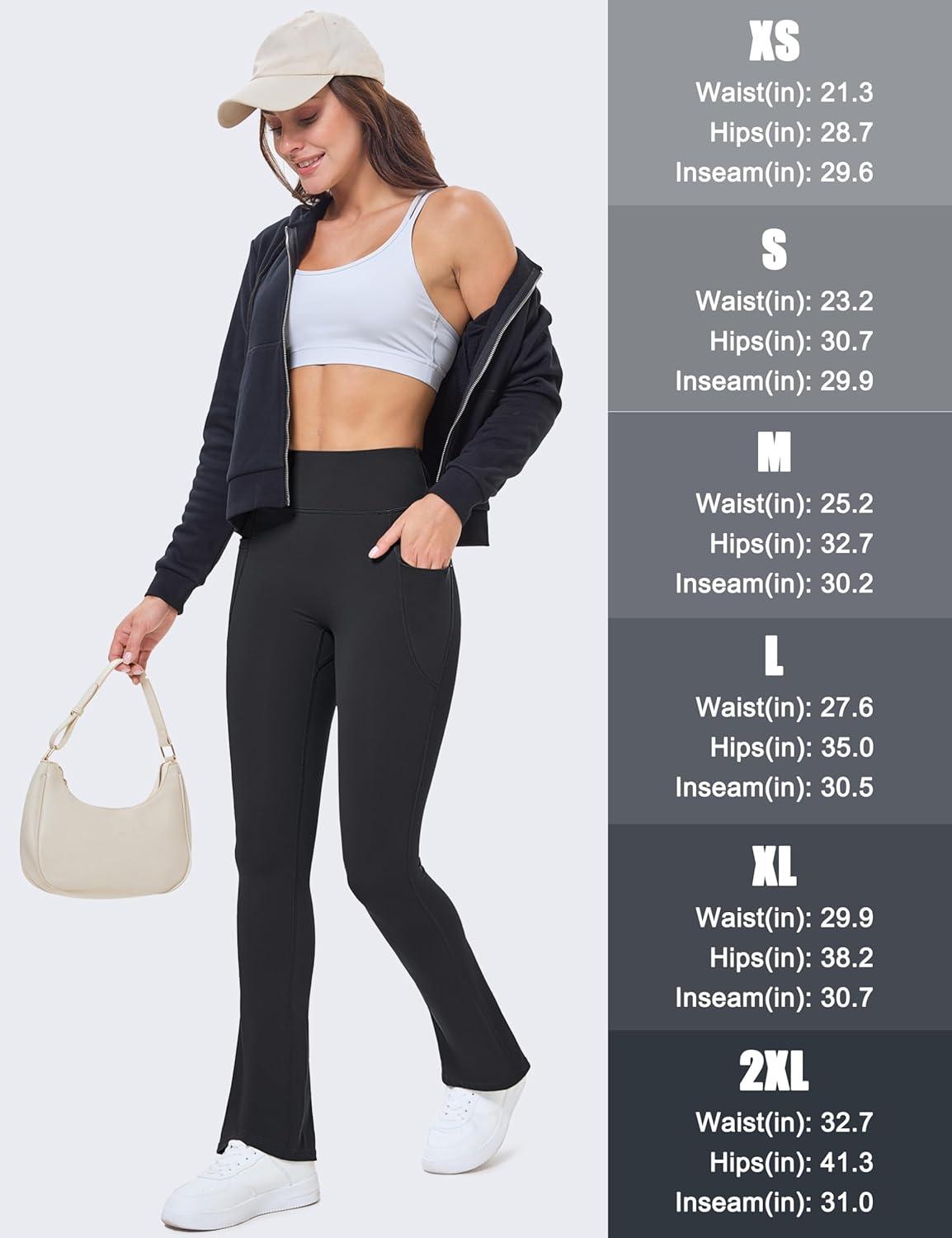 imageMAGCOMSEN Womens High Waisted Flare Leggings Tummy Control Yoga Pants with Pockets Mini Flared Bootcut Workout CasualBlack