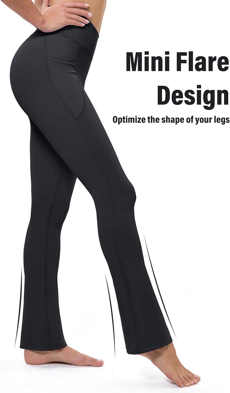 imageMAGCOMSEN Womens High Waisted Flare Leggings Tummy Control Yoga Pants with Pockets Mini Flared Bootcut Workout CasualBlack