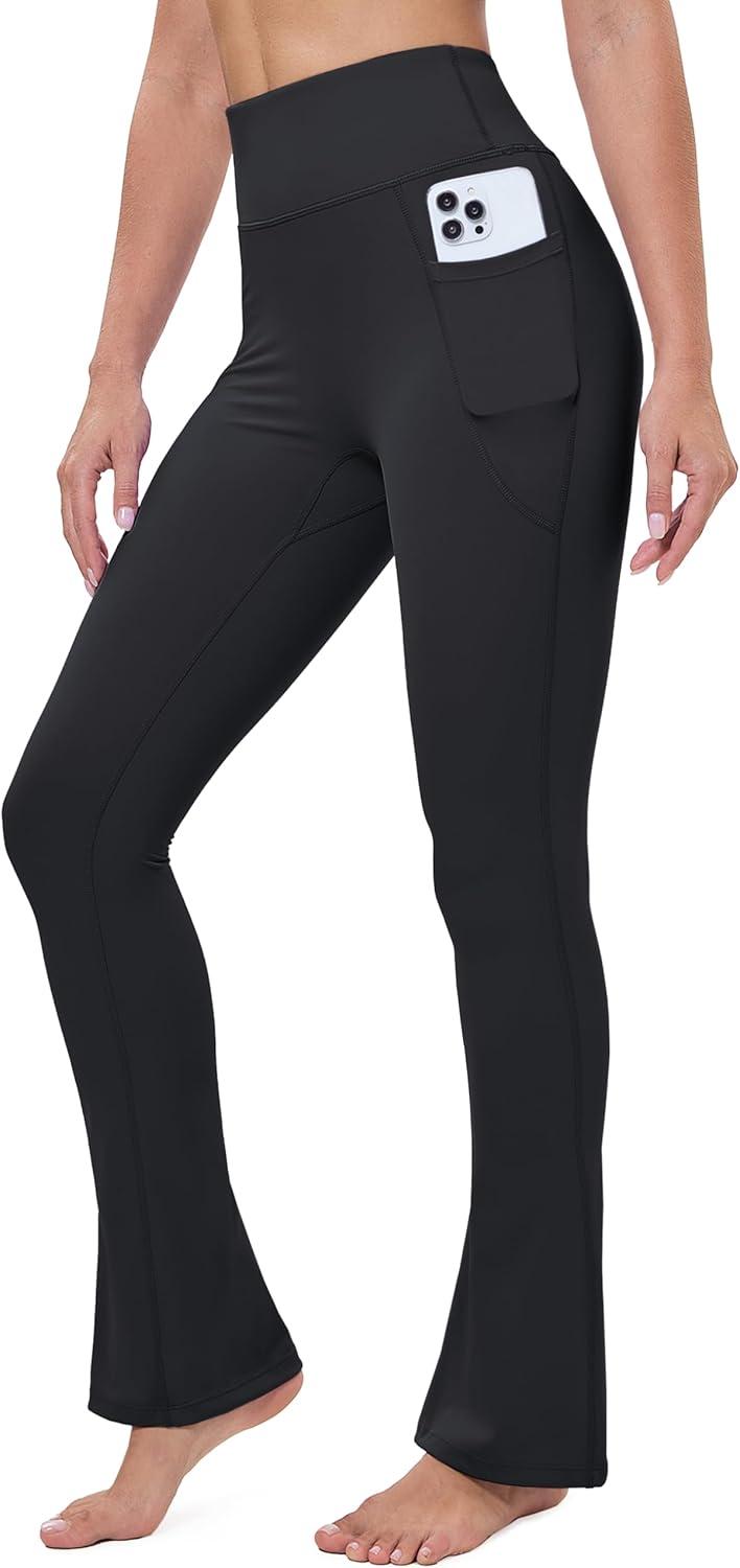 imageMAGCOMSEN Womens High Waisted Flare Leggings Tummy Control Yoga Pants with Pockets Mini Flared Bootcut Workout CasualBlack