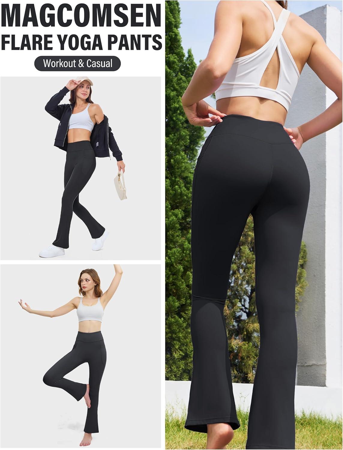 imageMAGCOMSEN Womens High Waisted Flare Leggings Tummy Control Yoga Pants with Pockets Mini Flared Bootcut Workout CasualBlack