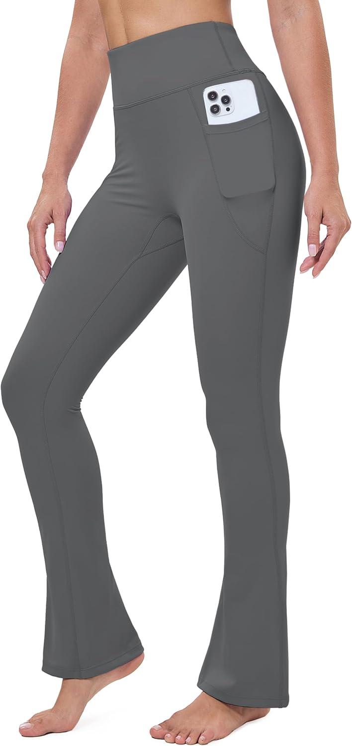 imageMAGCOMSEN Womens High Waisted Flare Leggings Tummy Control Yoga Pants with Pockets Mini Flared Bootcut Workout CasualDark Grey
