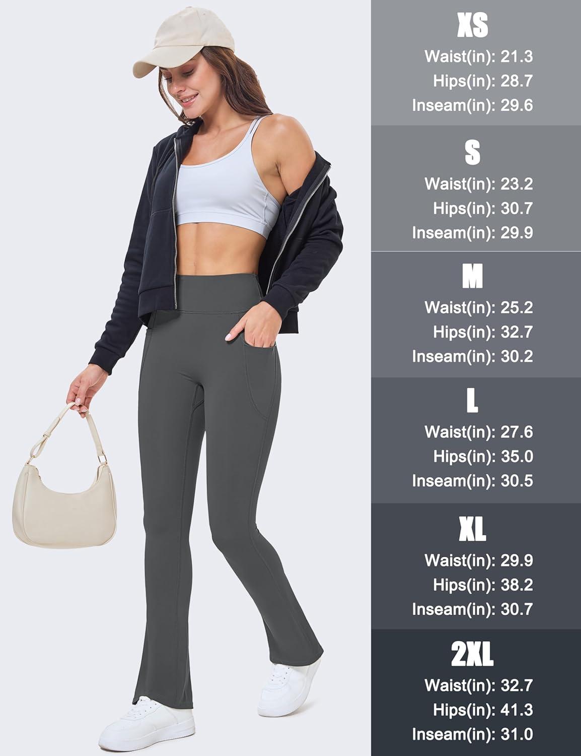 imageMAGCOMSEN Womens High Waisted Flare Leggings Tummy Control Yoga Pants with Pockets Mini Flared Bootcut Workout CasualDark Grey