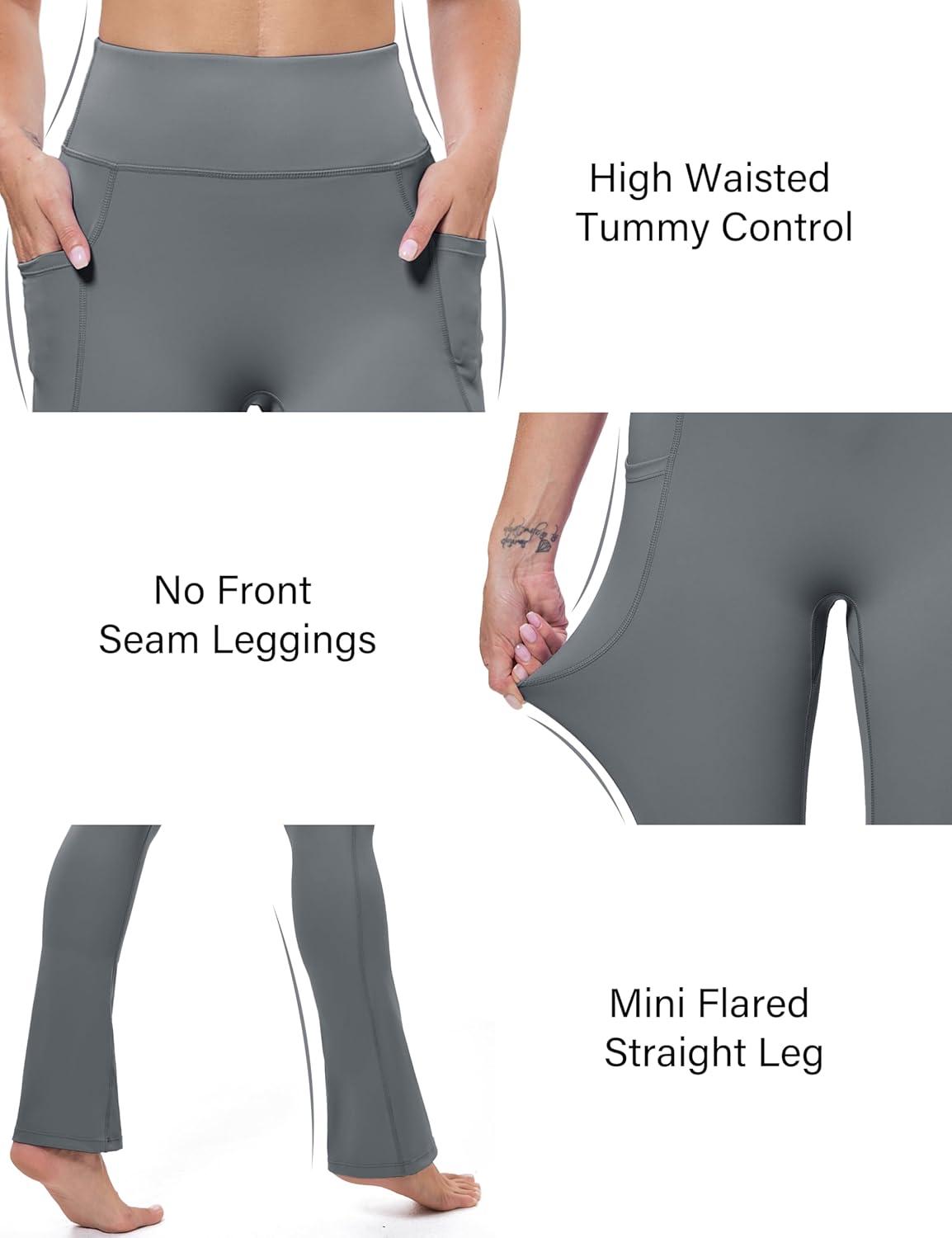 imageMAGCOMSEN Womens High Waisted Flare Leggings Tummy Control Yoga Pants with Pockets Mini Flared Bootcut Workout CasualDark Grey