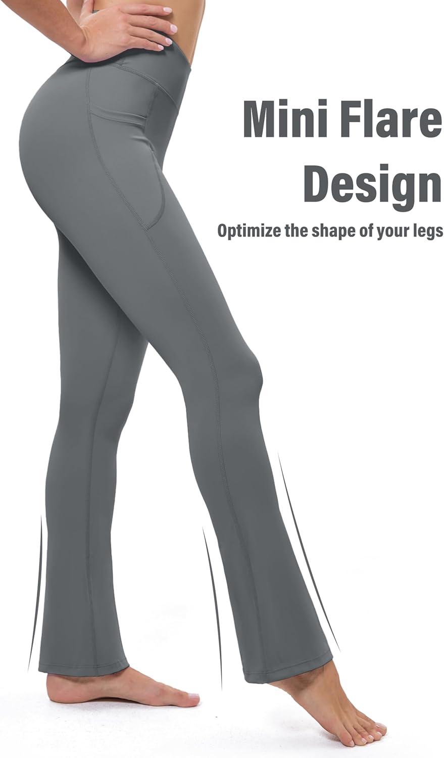 imageMAGCOMSEN Womens High Waisted Flare Leggings Tummy Control Yoga Pants with Pockets Mini Flared Bootcut Workout CasualDark Grey