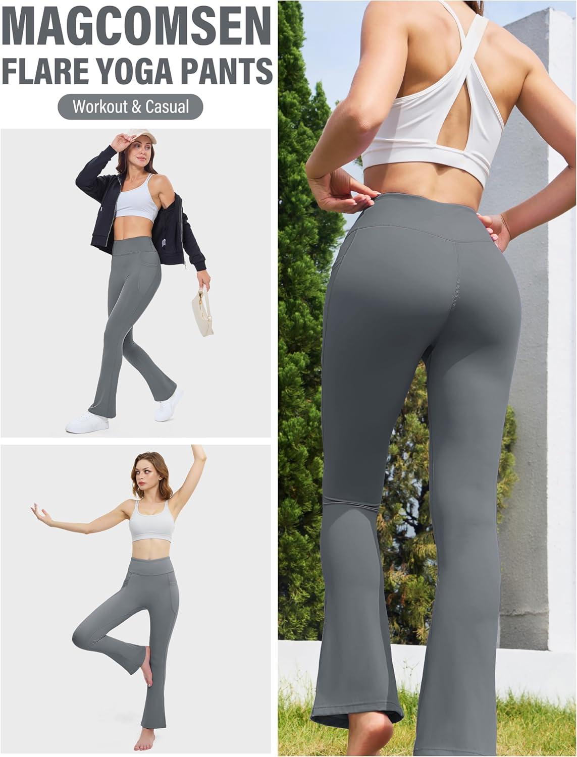 imageMAGCOMSEN Womens High Waisted Flare Leggings Tummy Control Yoga Pants with Pockets Mini Flared Bootcut Workout CasualDark Grey