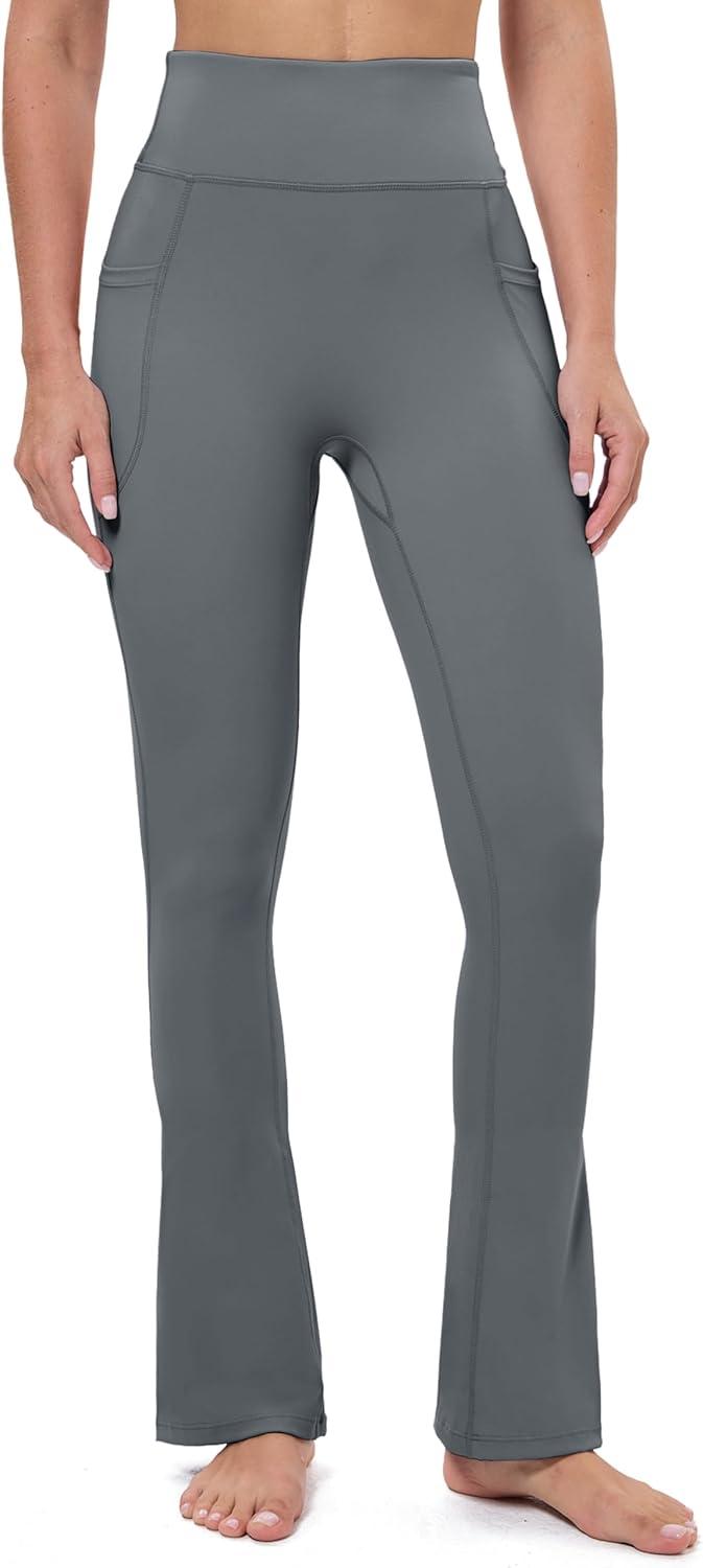 imageMAGCOMSEN Womens High Waisted Flare Leggings Tummy Control Yoga Pants with Pockets Mini Flared Bootcut Workout CasualDark Grey