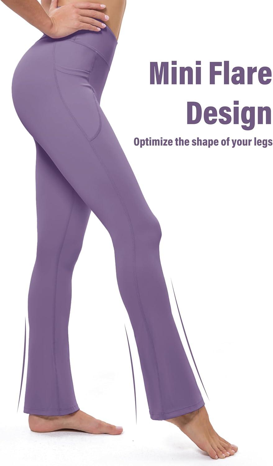 imageMAGCOMSEN Womens High Waisted Flare Leggings Tummy Control Yoga Pants with Pockets Mini Flared Bootcut Workout CasualDark Purple