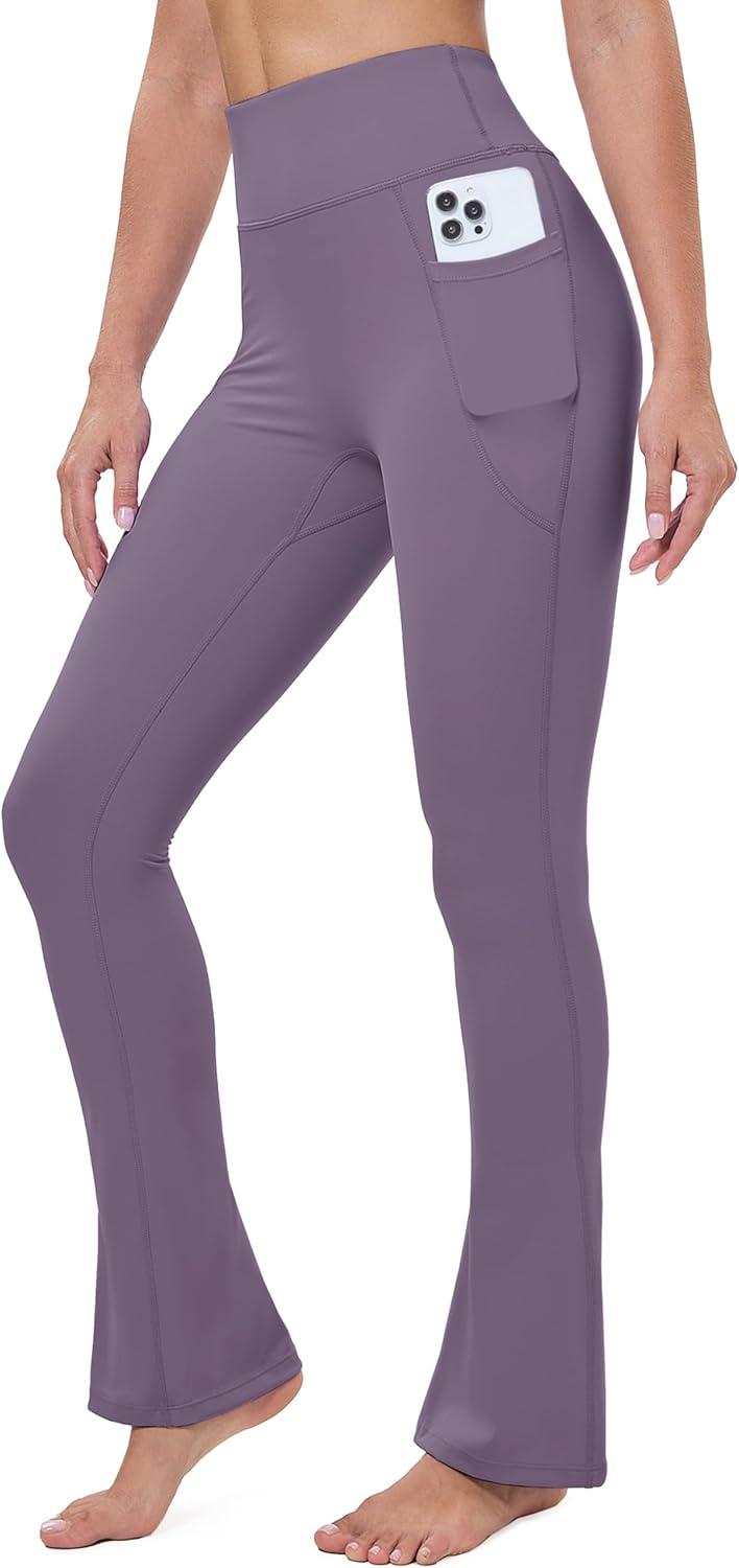 imageMAGCOMSEN Womens High Waisted Flare Leggings Tummy Control Yoga Pants with Pockets Mini Flared Bootcut Workout CasualDark Purple