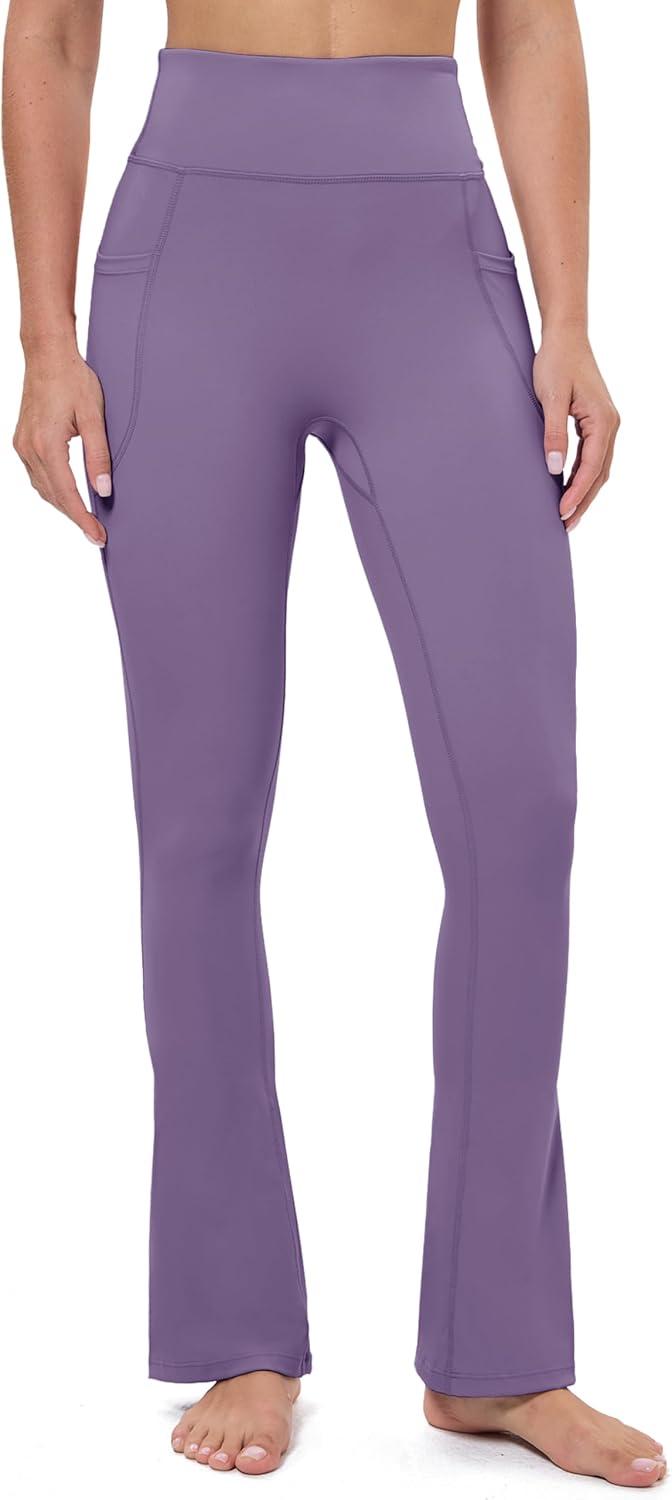imageMAGCOMSEN Womens High Waisted Flare Leggings Tummy Control Yoga Pants with Pockets Mini Flared Bootcut Workout CasualDark Purple