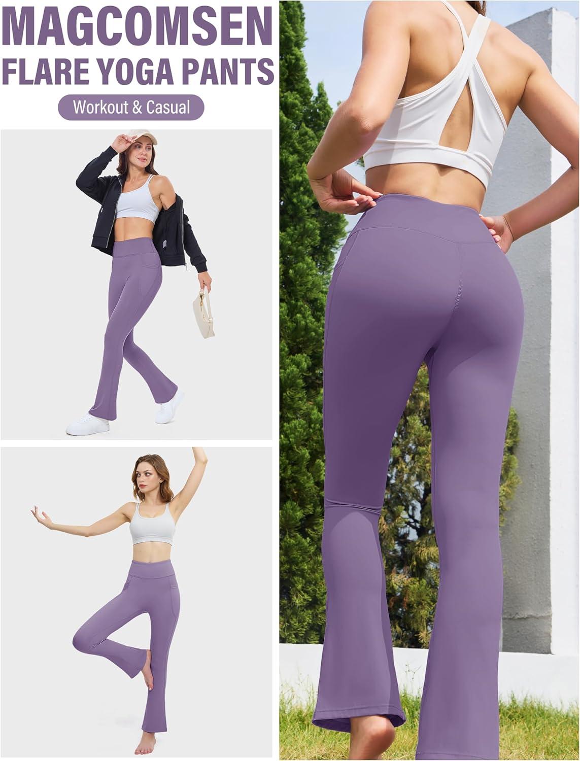 imageMAGCOMSEN Womens High Waisted Flare Leggings Tummy Control Yoga Pants with Pockets Mini Flared Bootcut Workout CasualDark Purple