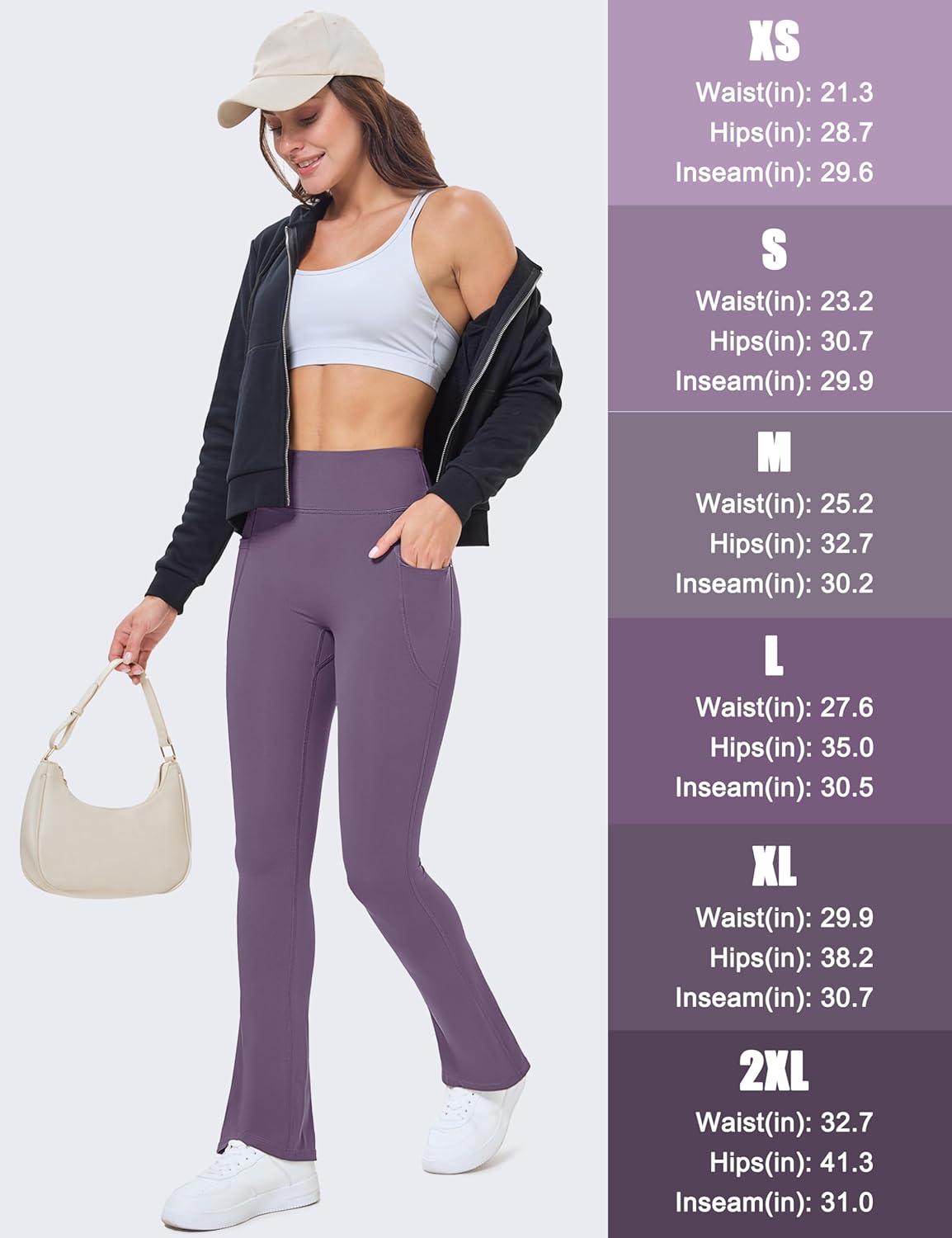 imageMAGCOMSEN Womens High Waisted Flare Leggings Tummy Control Yoga Pants with Pockets Mini Flared Bootcut Workout CasualDark Purple