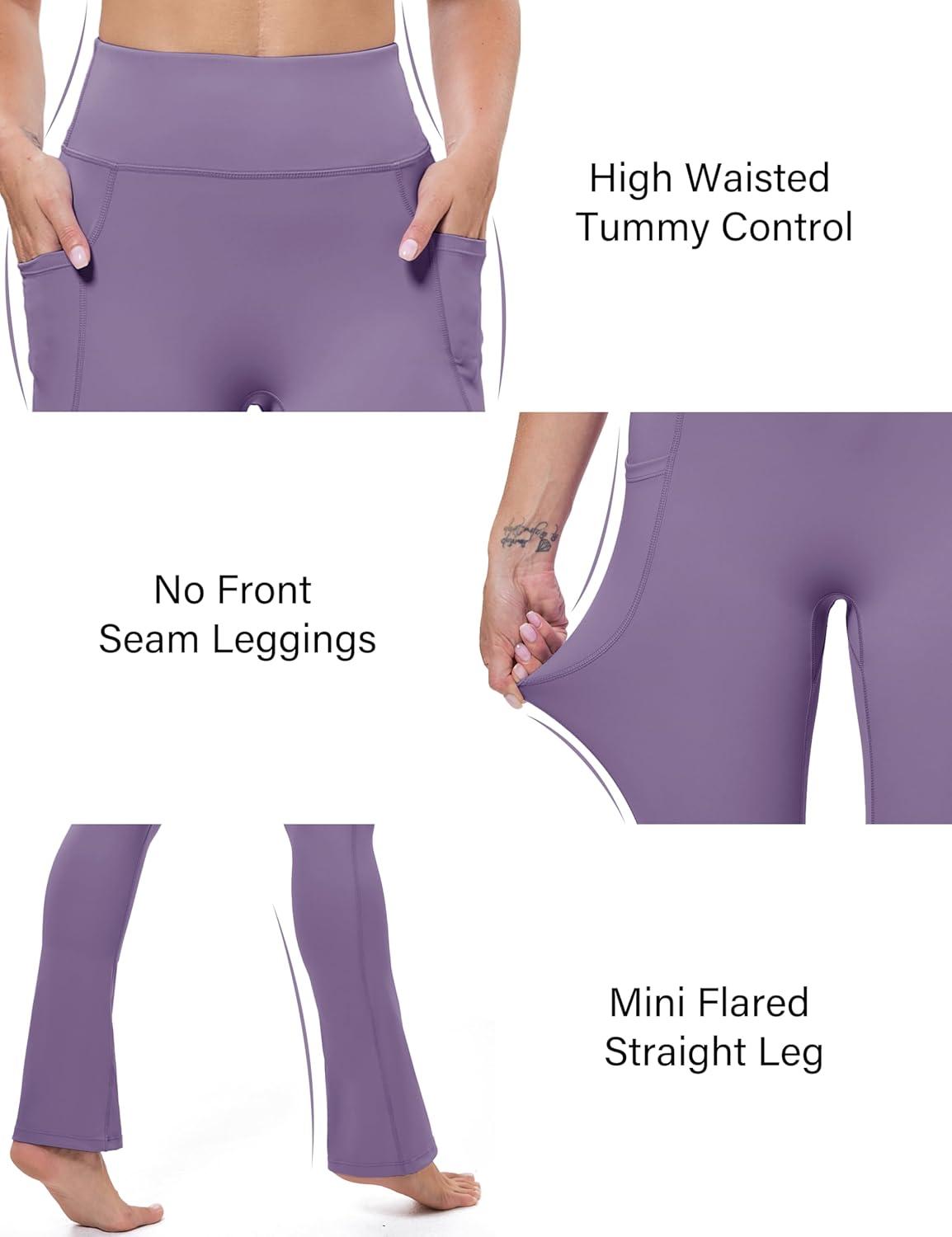 imageMAGCOMSEN Womens High Waisted Flare Leggings Tummy Control Yoga Pants with Pockets Mini Flared Bootcut Workout CasualDark Purple