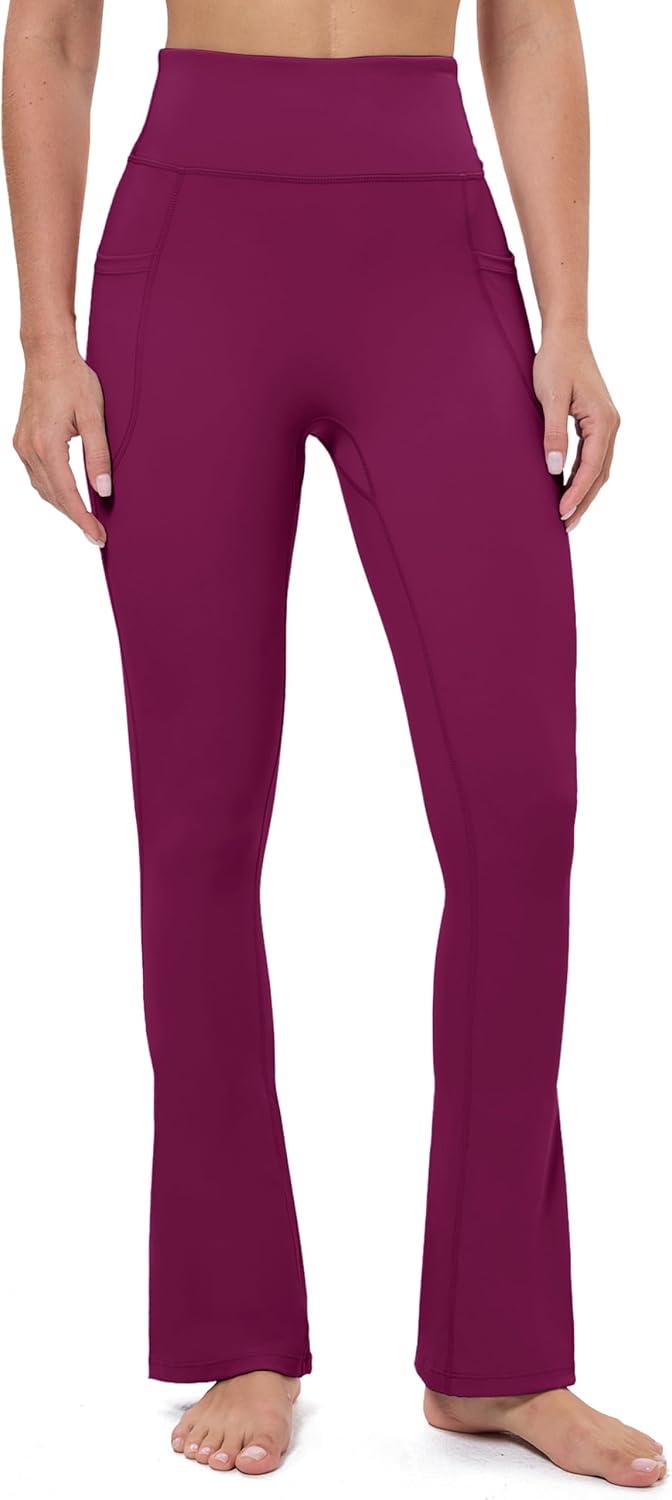 imageMAGCOMSEN Womens High Waisted Flare Leggings Tummy Control Yoga Pants with Pockets Mini Flared Bootcut Workout CasualDark Rose