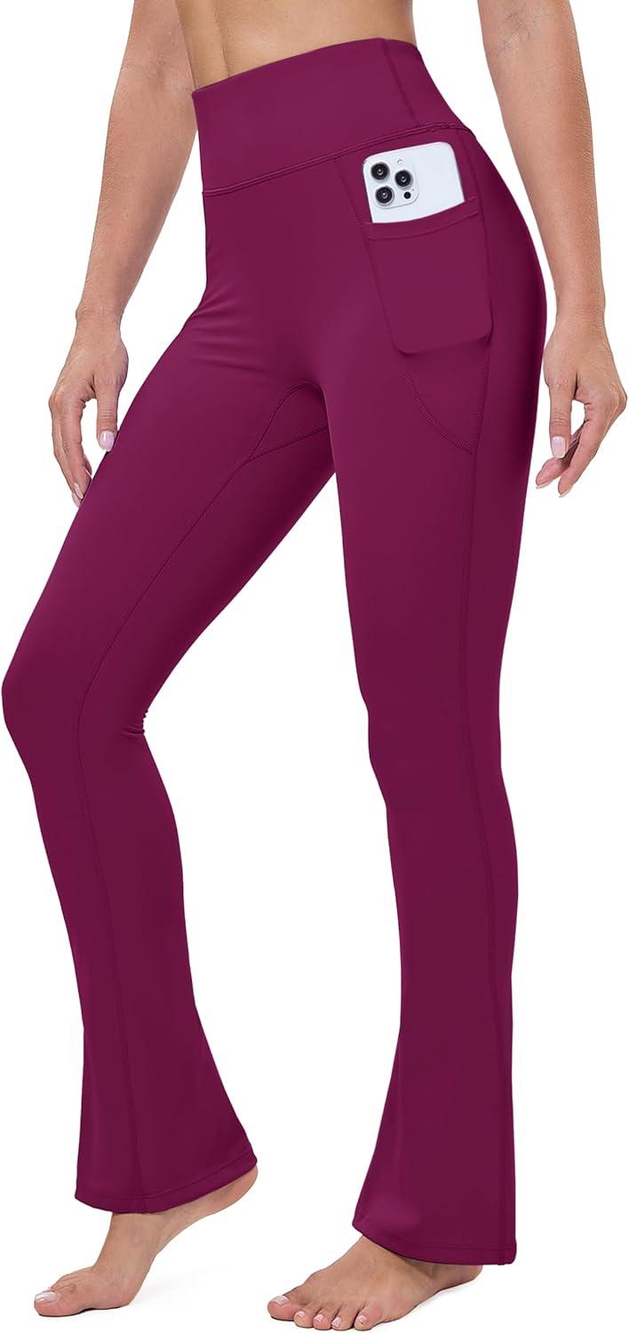 imageMAGCOMSEN Womens High Waisted Flare Leggings Tummy Control Yoga Pants with Pockets Mini Flared Bootcut Workout CasualDark Rose