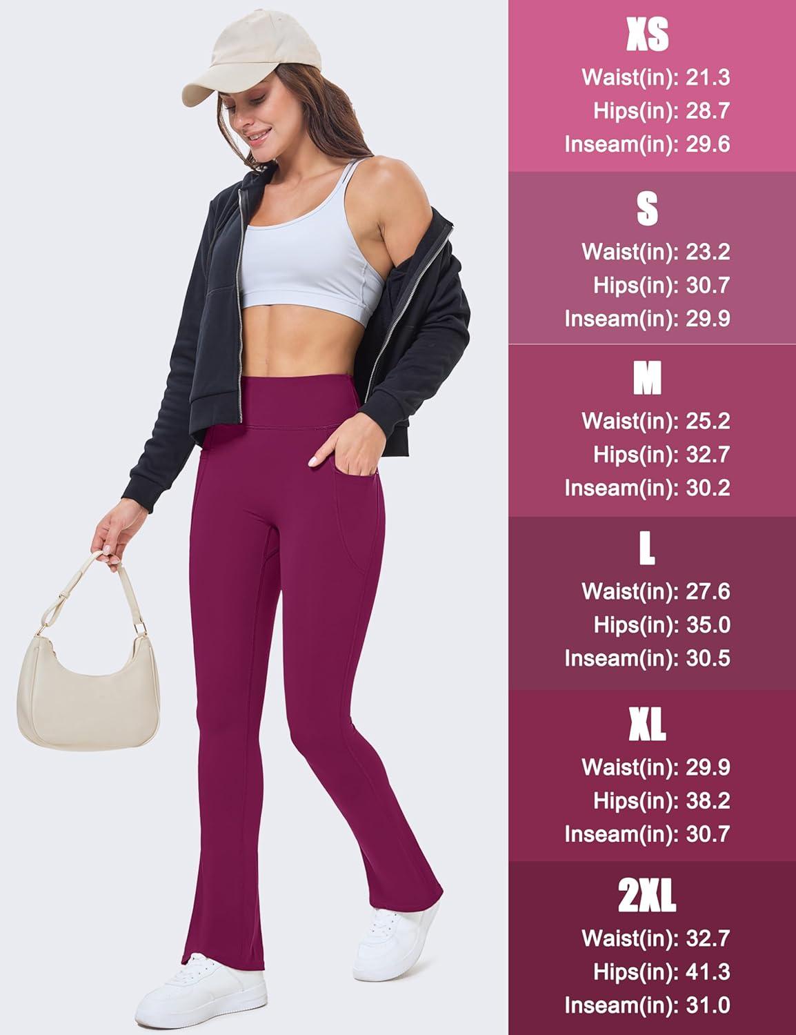 imageMAGCOMSEN Womens High Waisted Flare Leggings Tummy Control Yoga Pants with Pockets Mini Flared Bootcut Workout CasualDark Rose