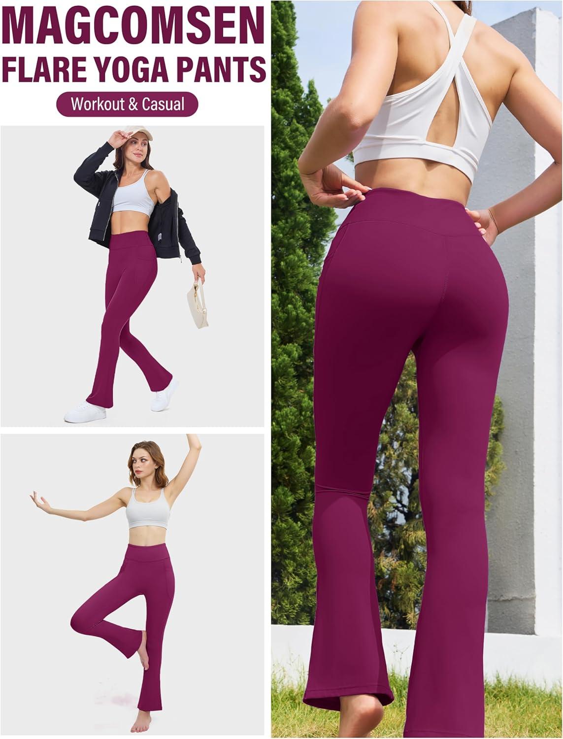 imageMAGCOMSEN Womens High Waisted Flare Leggings Tummy Control Yoga Pants with Pockets Mini Flared Bootcut Workout CasualDark Rose
